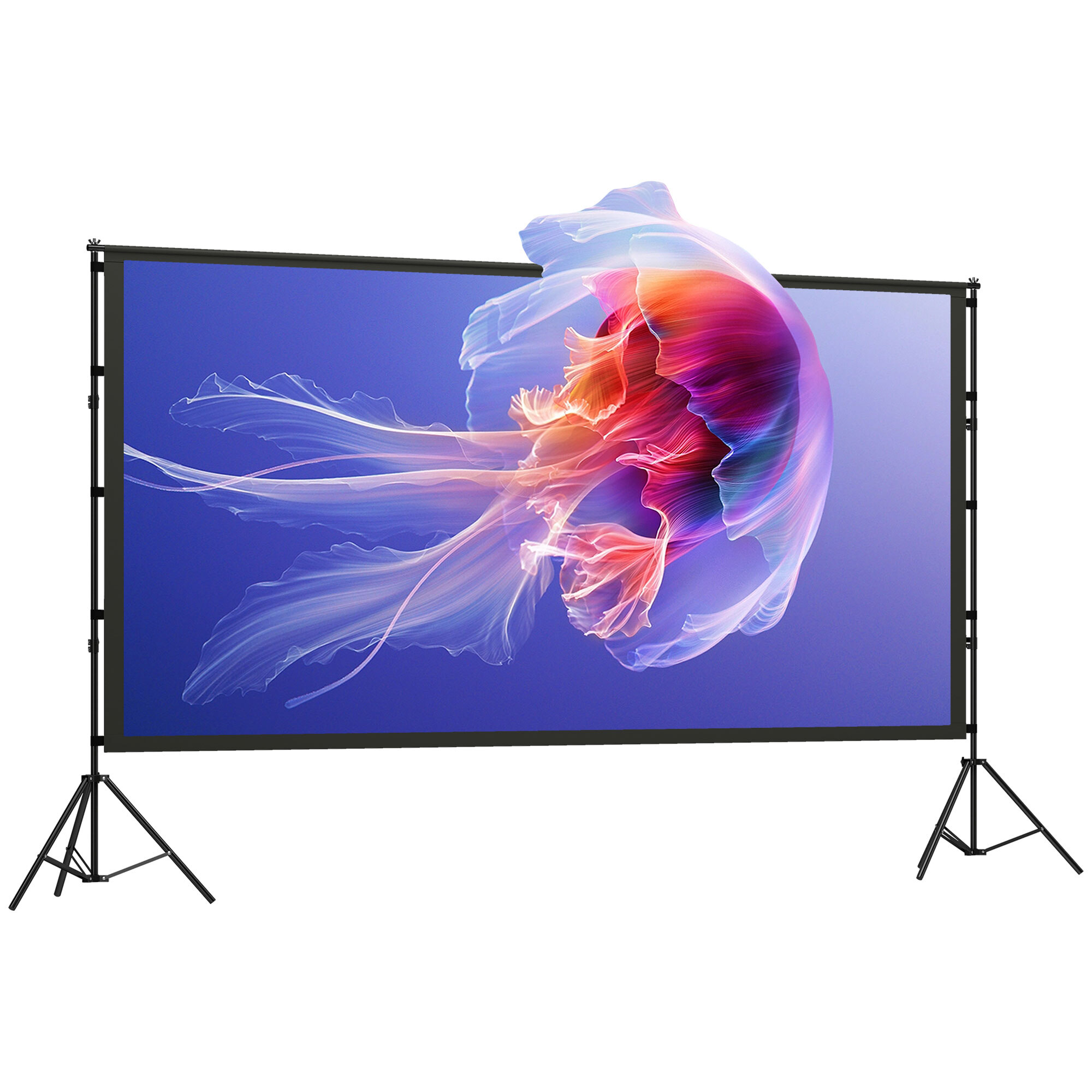 254 cm 16:9 HD 4K/8K -projektorivalkokangas jalustalla, kannettava kaksipuolinen valkokangas taitettavilla jalustoilla, valkoinen