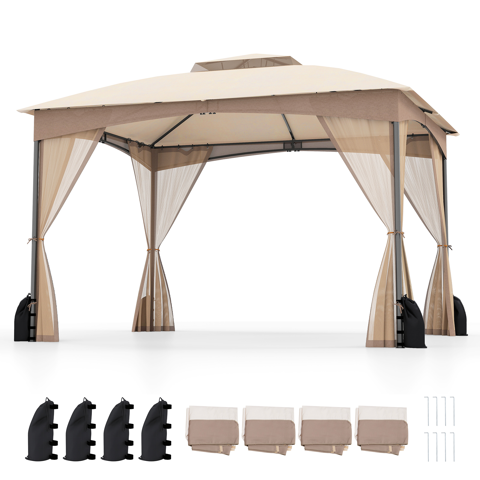 305 cm x 366 cm terassihuvimaja verkkoseinillä ja 4 hiekkasäkillä - khaki