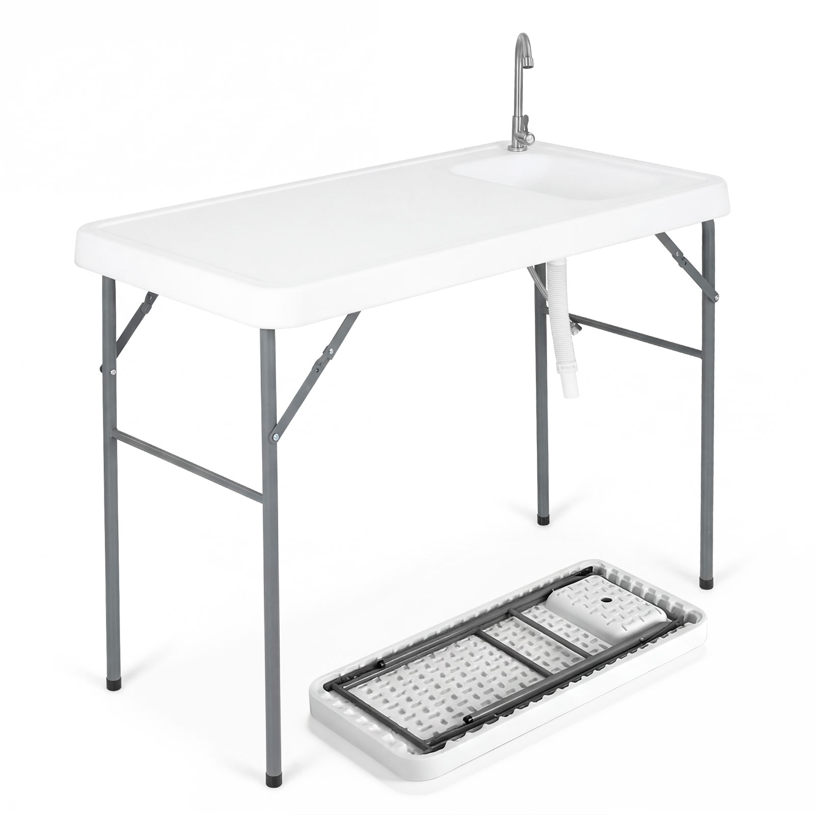 Integreeritud kraanikausi, segisti ja äravooluvoolikuga kaasaskantav matkalaud piknikule ning kalapüügiks (pikkus 114 cm), valge