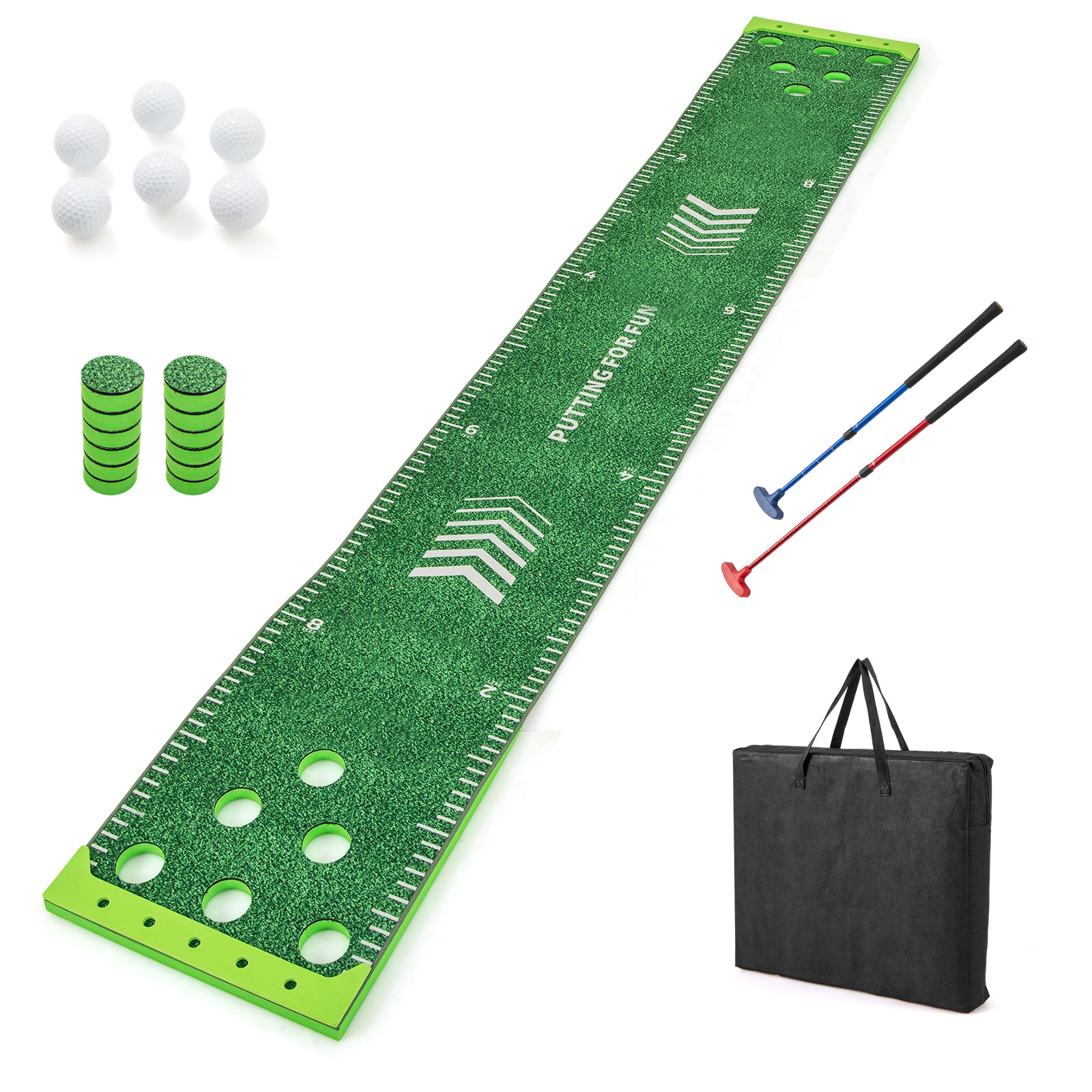 Suur kodu-golfi treeningmatt ja harjutusmatt, komplektis 2 reguleeritava pikkusega golfikeppi ja 6 palli (pikkus 332 cm), roheline