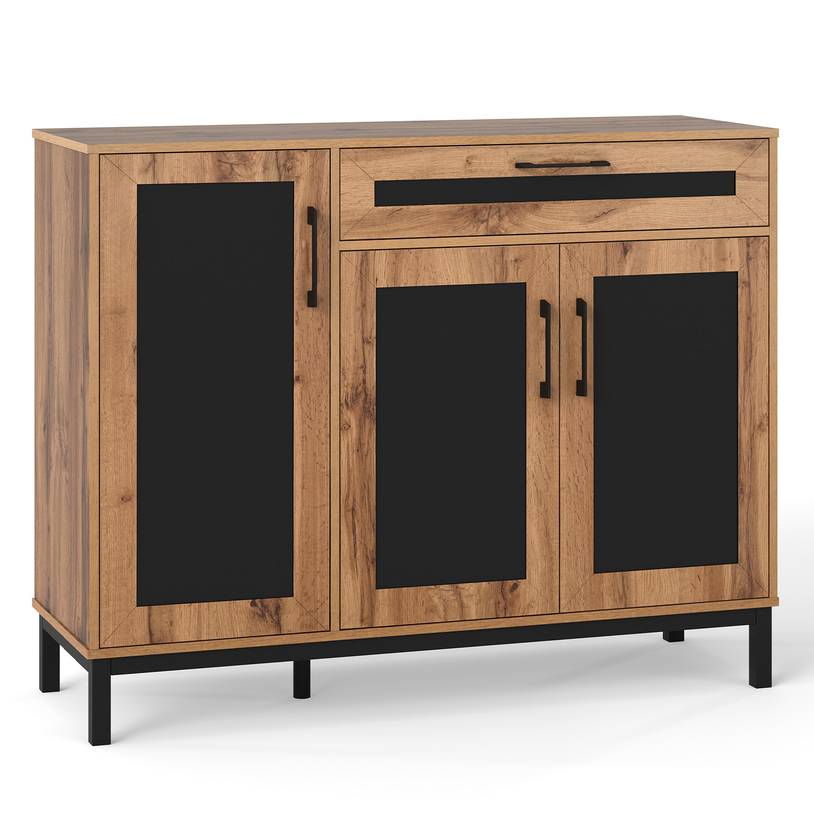 Maakodu-stiilis (Bauernhaus) mahukas puidust puhvetkapp ja sideboard, suurte uste ja riiulitega elutoa kommut (laius 120 cm), naturaalne