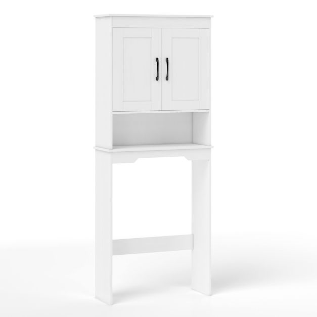 Puinen säilytyskaappi pesukoneen ja wc:n takana kahdella ovella ja säädettävällä sisähyllyllä (168 cm), valkoinen