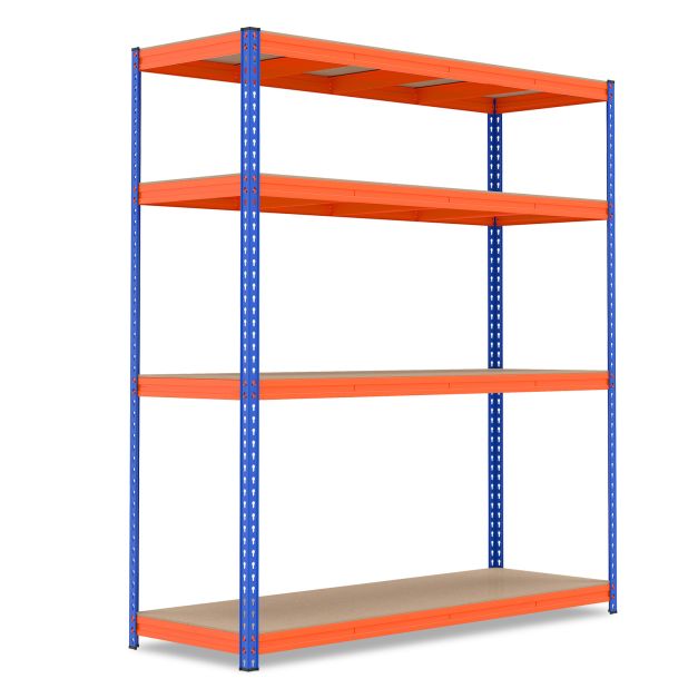 Neljakorruseline eriti tugev metallist ladustamisriiul, reguleeritavate tasanditega raskeveokite riidestend (kandevõime kuni 2400 kg), oranž