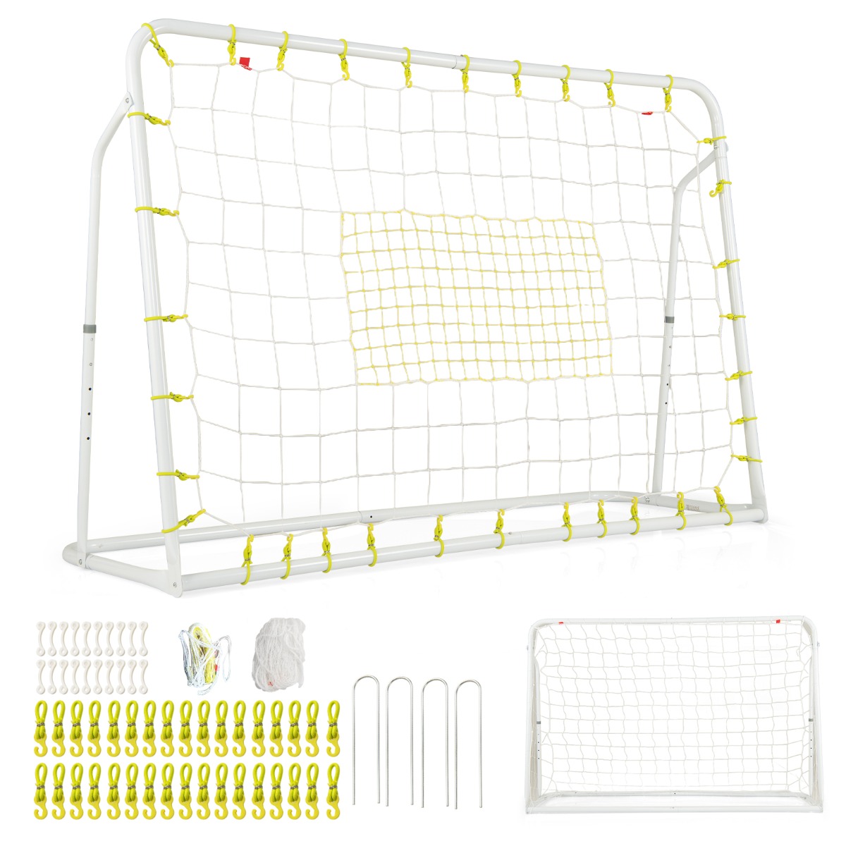Kaks-ühes reguleeritava kõrgusega laste jalgpallivärav ja tagasipõrkevõrk (rebounder) koos sihtmärgiga (187 x 60 cm), valge
