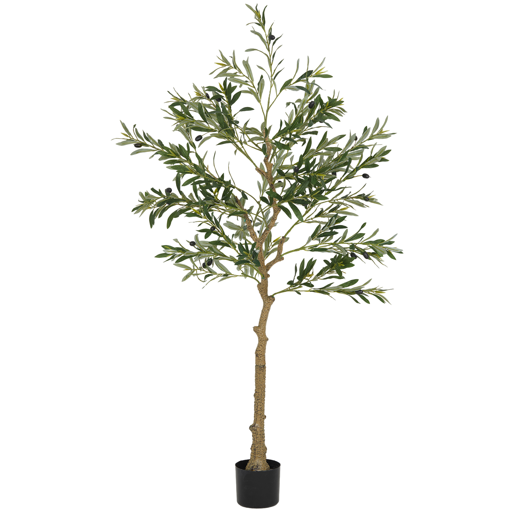 Tekokasvi, keinotekoinen oliivipuu, 150 cm, 720 lehteä, 40 oliivia, tukeva kukkaruukku, koristekasvi, vihreä