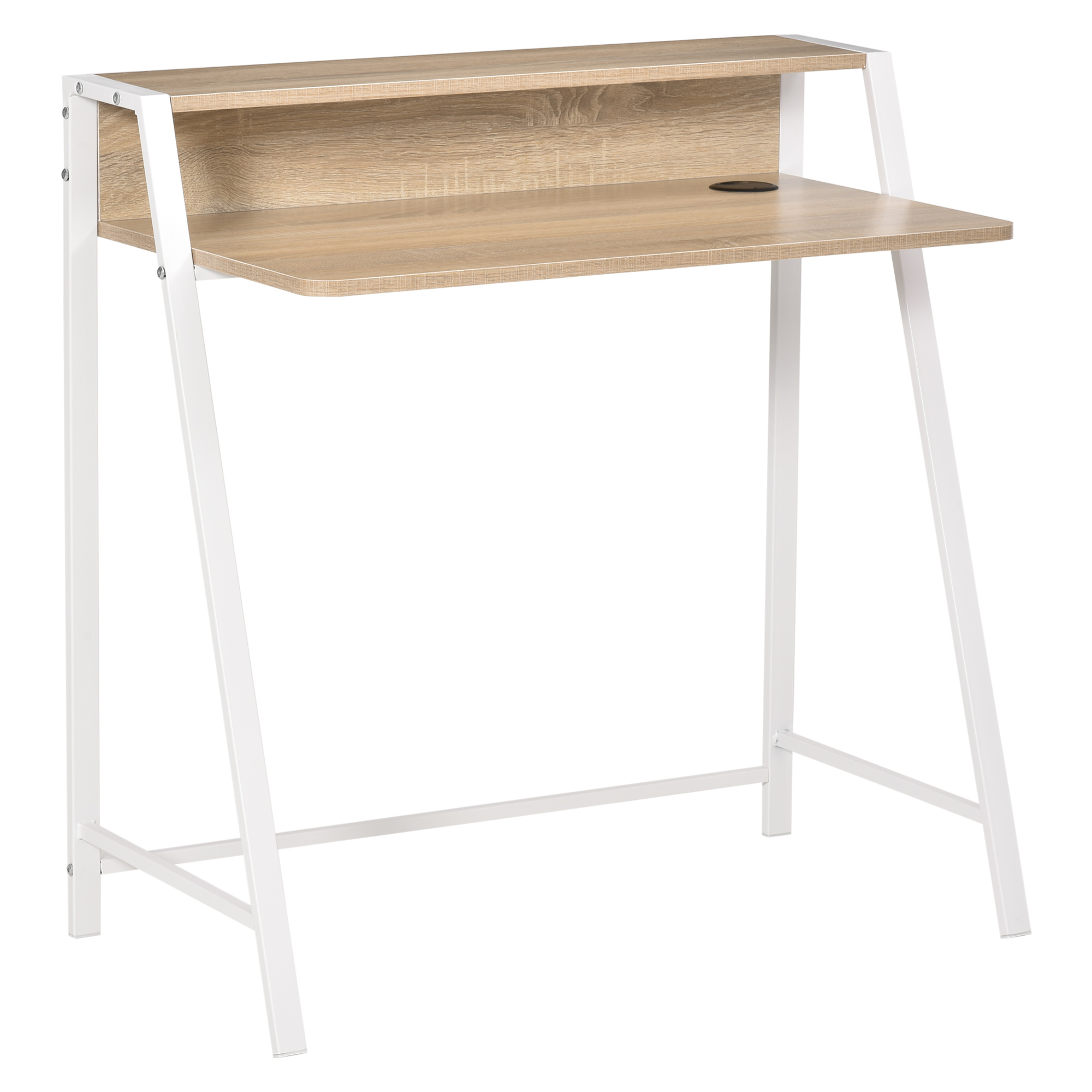 Työpöytä, tietokonepöytä säilytystilaa ja johtojen hallintaa varten, moderni työpöytä metallirungolla opiskeluun, makuuhuoneeseen, kotitoimistoon, 84 x 45 x 85 cm, valkoinen+tammi