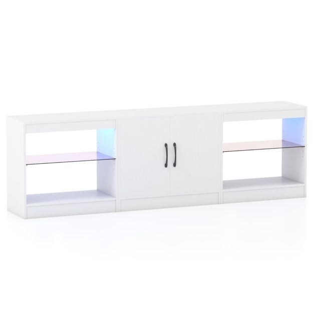 Nutitelefoni rakendusega (APP) juhitava LED-valgustuse ja reguleeritavate klaasriiulitega 3-ühes telerialus kuni 85" teleritele, valge