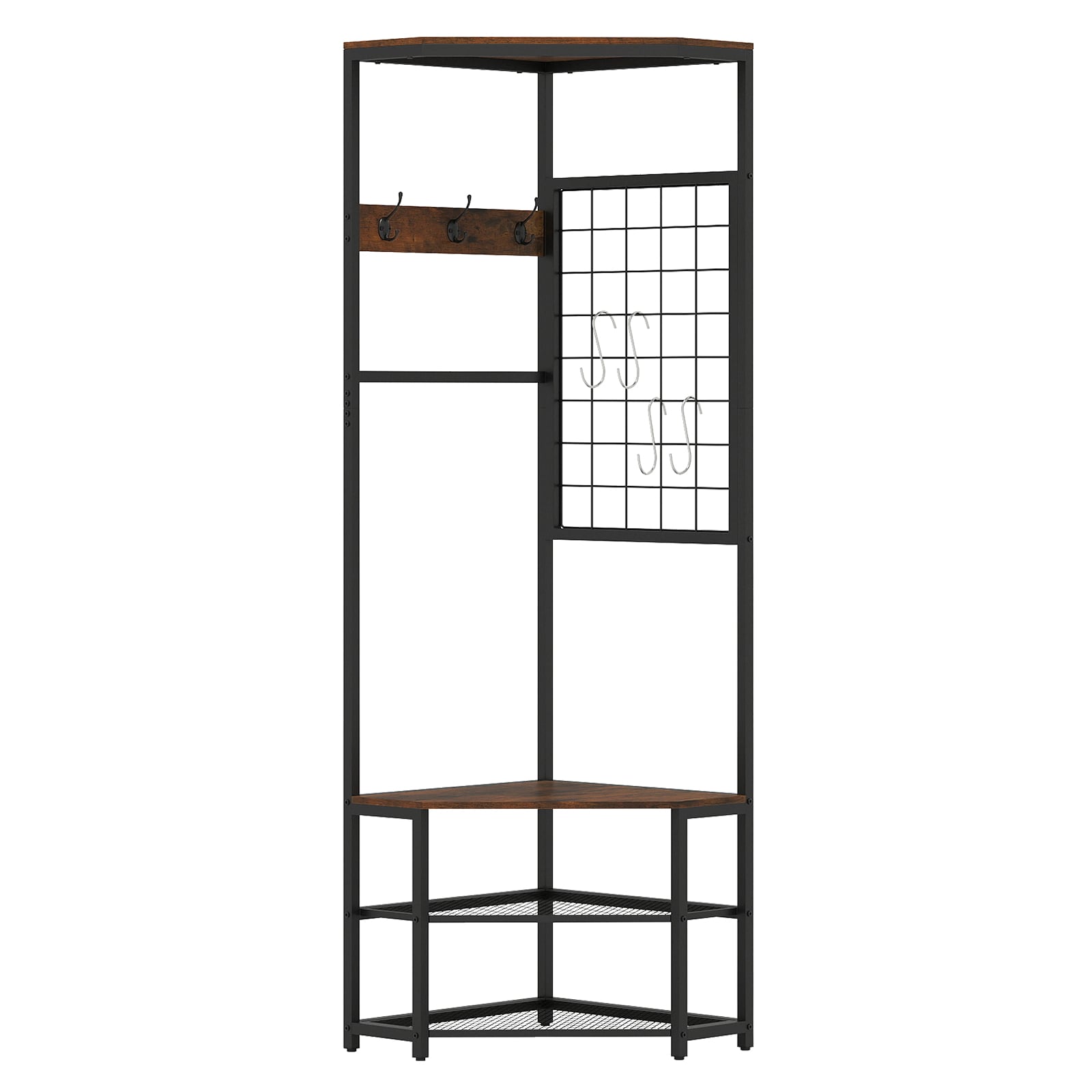 Kolm-ühes metallist nurgagarderoob, ruumisäästlik riidenagi ja püstine esikunagi tugevate konksudega (49 x 49 x 171 cm), rustikaalne pruun
