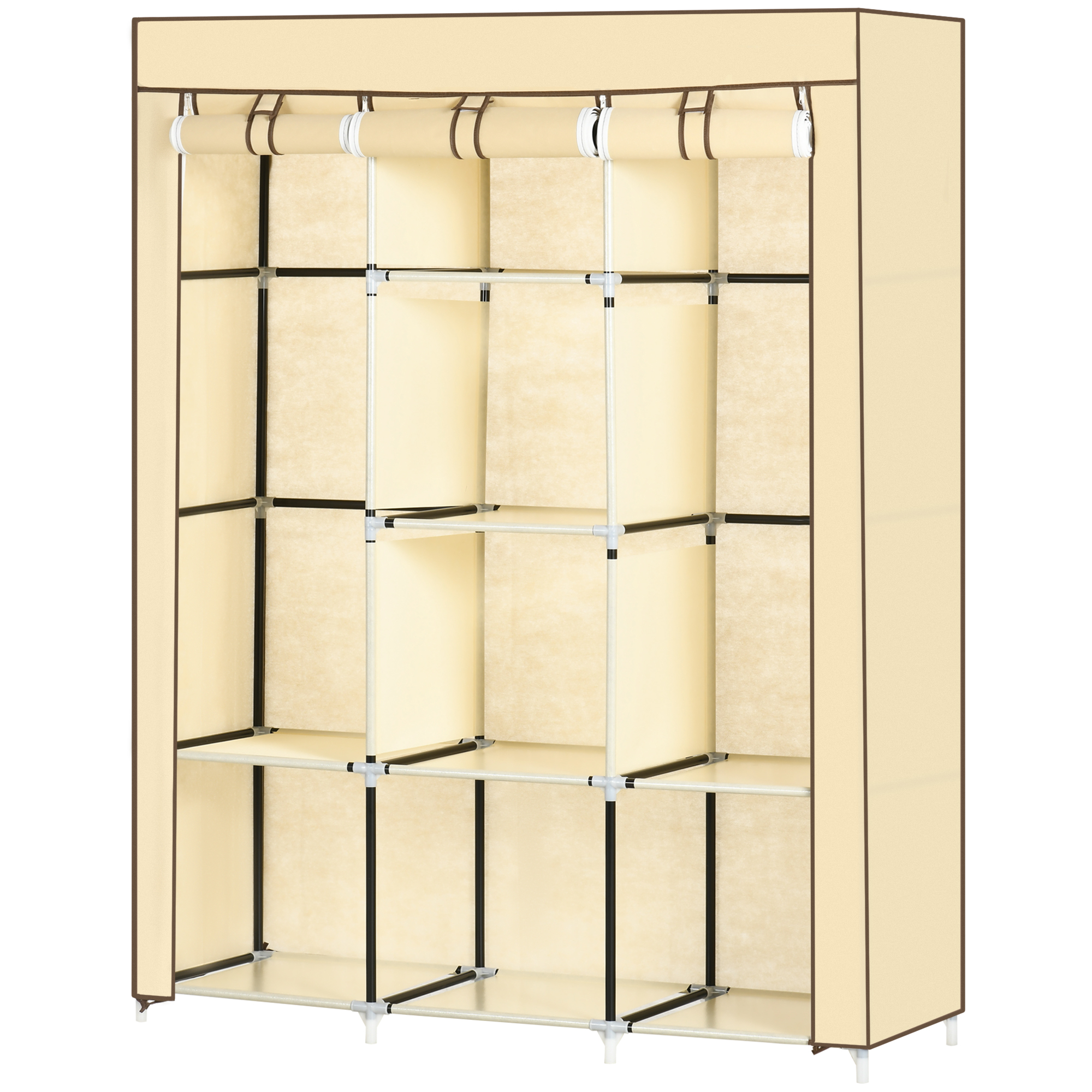 Kangasvaatekaappi, säilytysratkaisu, 8 hyllyä, 2 vaatetankoa, beige