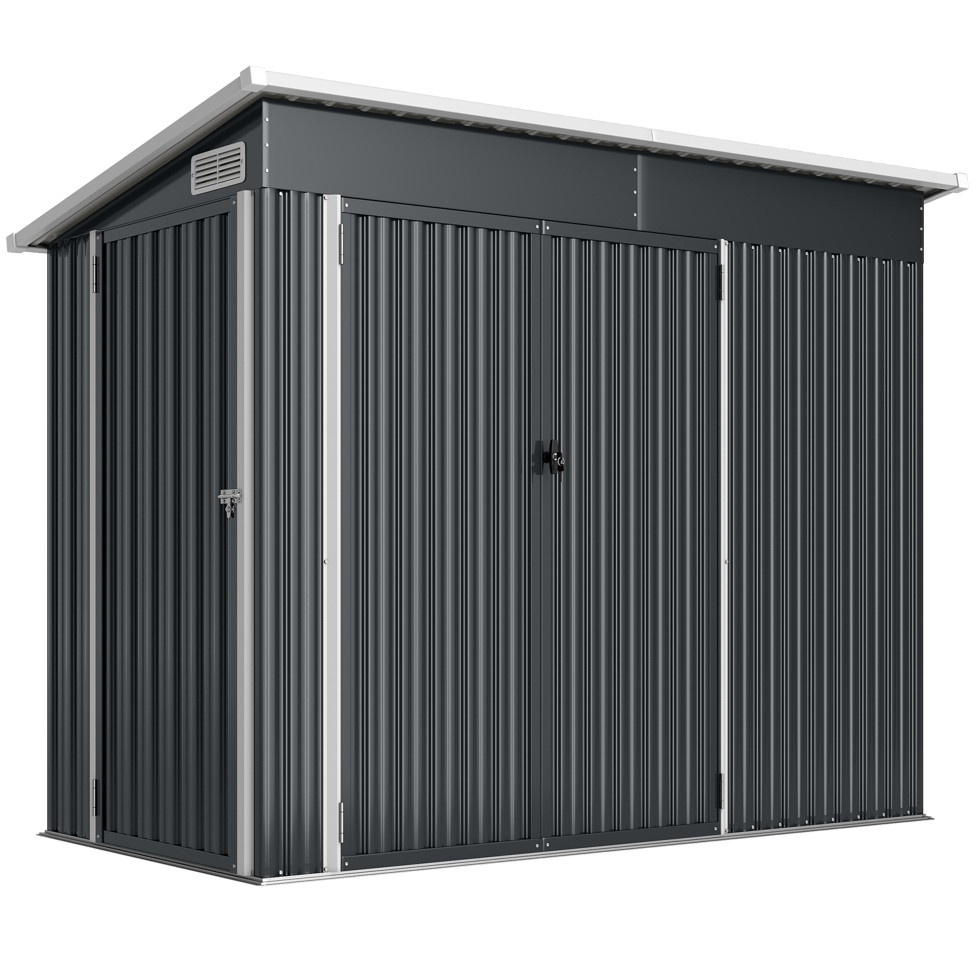 Metallinen puutarhavaja 2,68 m², lukittava, työkaluvaja kolmella ovella, tuuletus, pengerkatto, käsineet