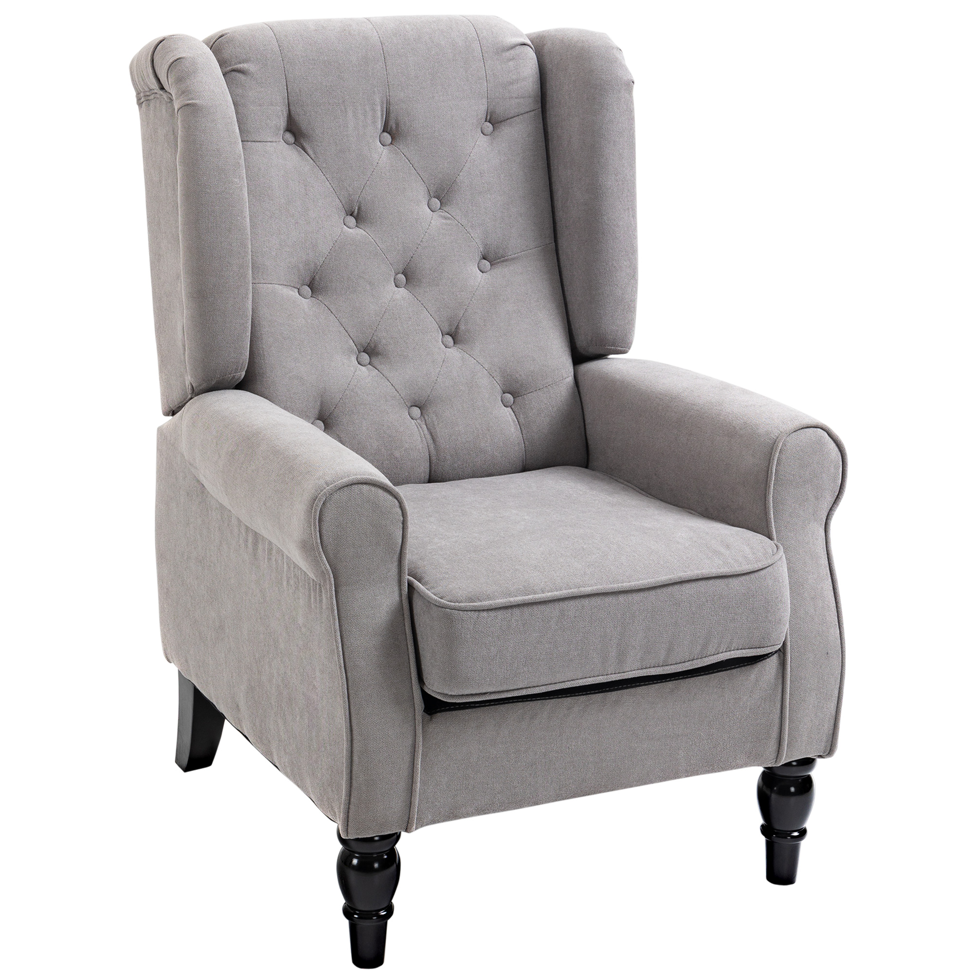 Wingback-nojatuoli tuftauksella, korkea selkänoja, verhoiltu lepotuoli pyöristetyillä käsinojilla, puiset jalat, makuuhuoneeseen, olohuoneeseen, jopa 160 kg, harmaa