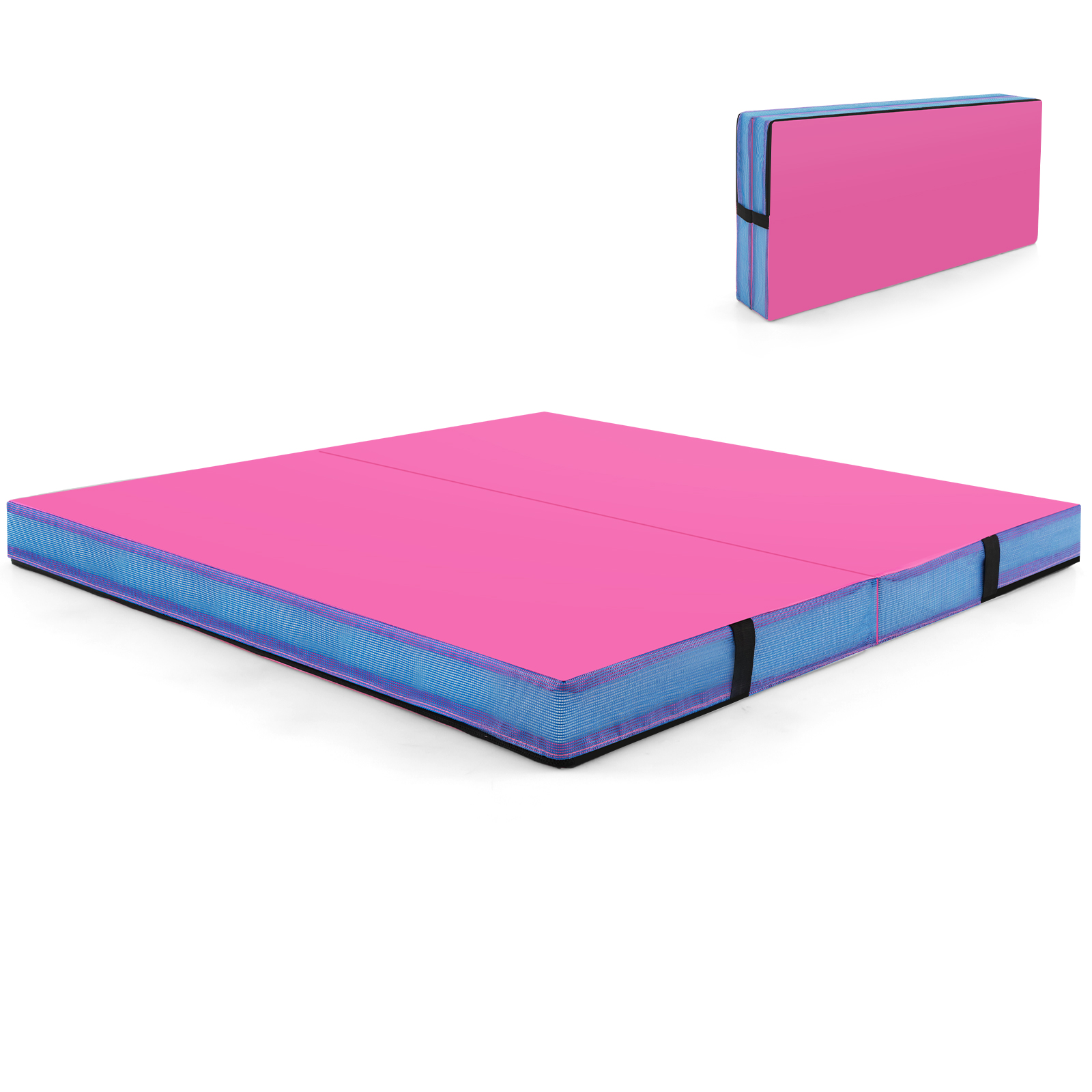 Pestava PU-nahast kattega kaheks kokkupandav paks spordimatt ja eriti pehme võimlemismatt (122 x 122 x 10 cm), roosa