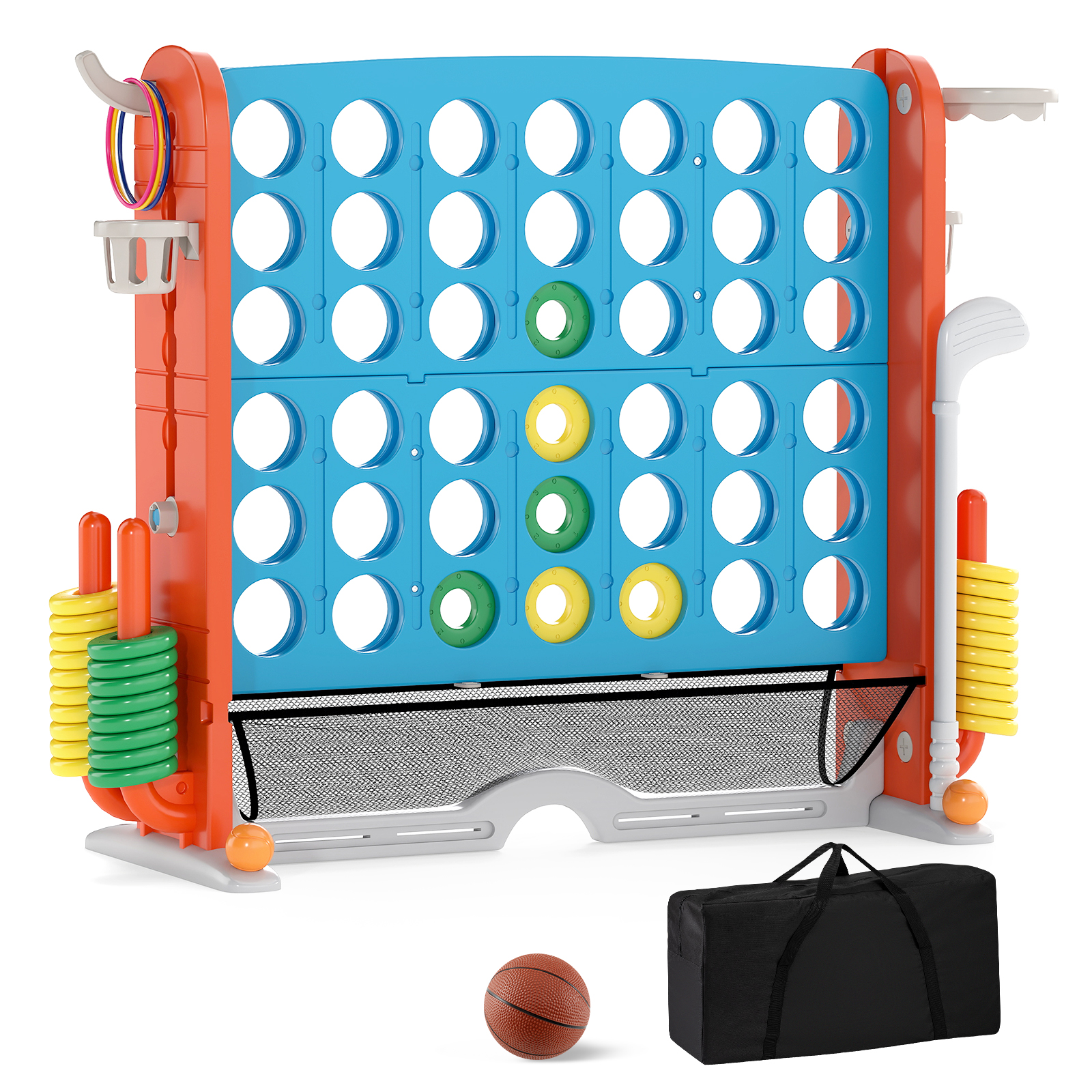 Neli-ühes hiigelsuur "Neli ritta" (Connect Four) lauamäng, komplektis rõngaviske-, korvpalli- ja golfimäng ning kandekott, sinine