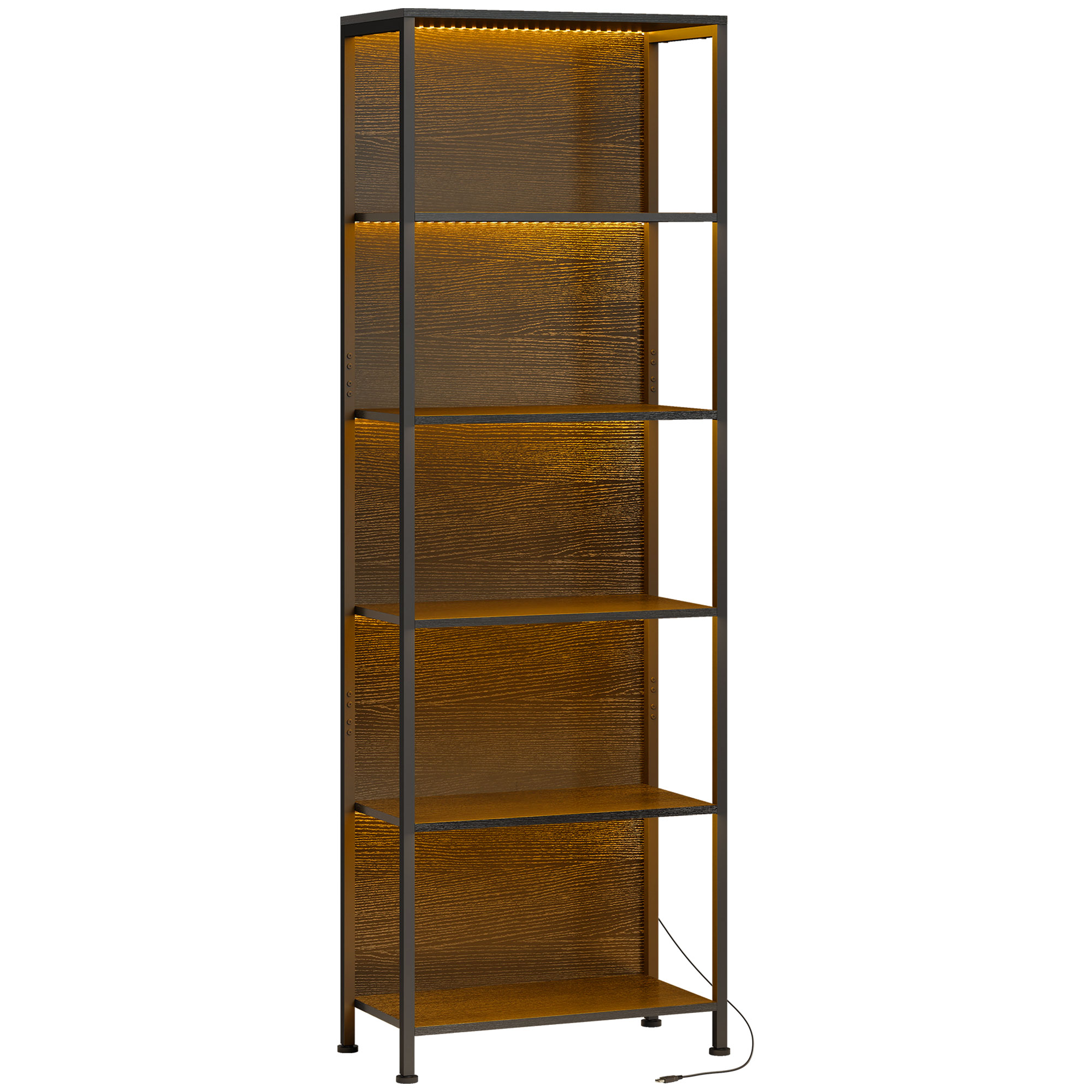 5-kerroksinen kirjahylly LED-valaistuksella, 7 valon väriä, olohuoneeseen, 60 x 30 x 179 cm, musta