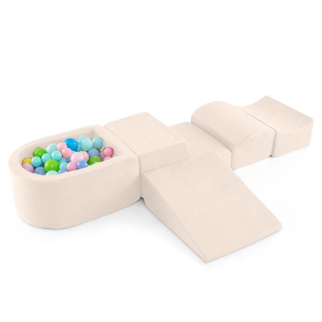 Viieosaline vahtplastist hiigel-pehmikute komplekt koos integreeritud pallimerega (ilma pallideta), ronimisklotsid lastele, beež