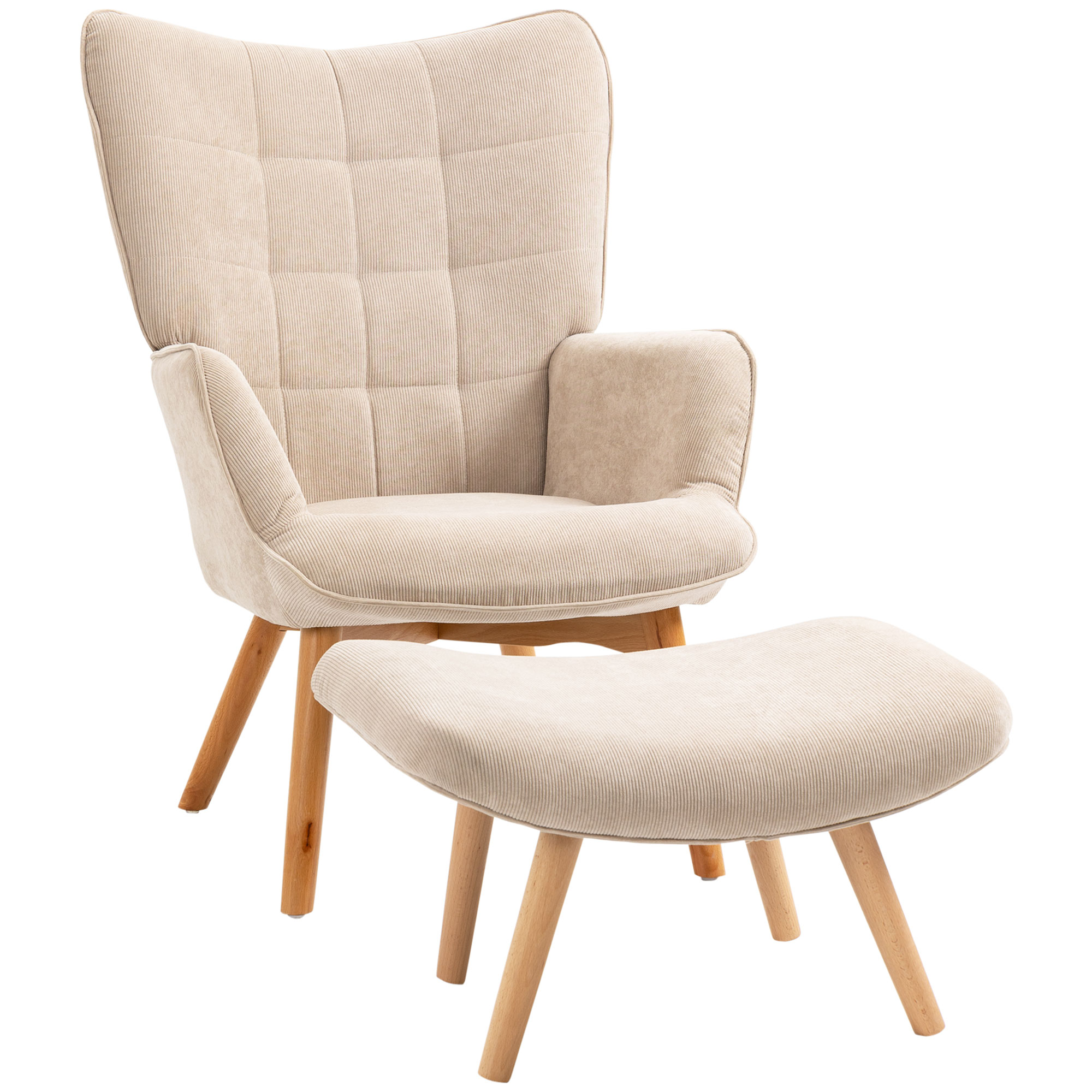 Korostustuoli jalkarahilla, samettijäljitelmäinen nojatuoli, nojatuoli puujaloilla, olohuoneeseen, beige