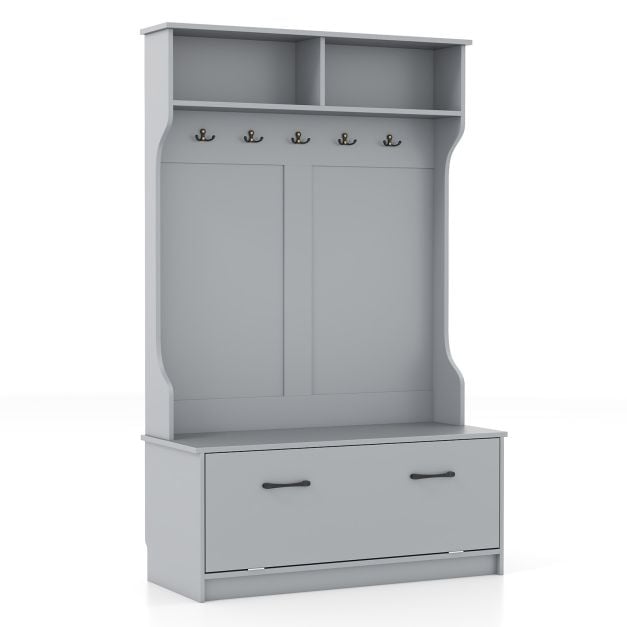 Integreeritud istumispingi, kingariiuli ja 5 topeltkonksuga puidust ja metallist esikunagi ning garderoob (100 x 40 x 160 cm), hall