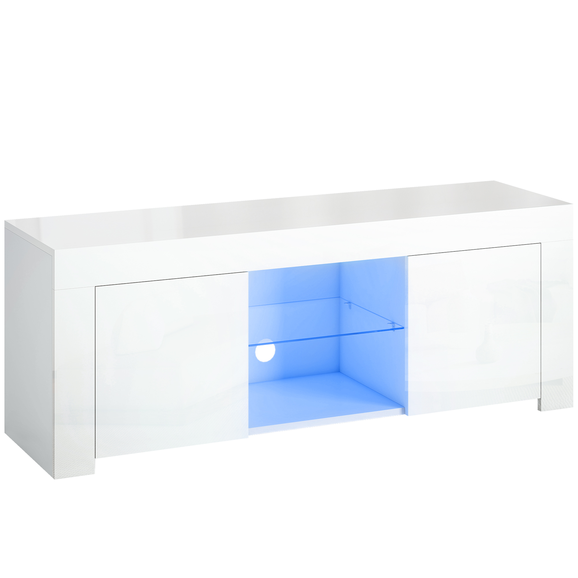 TV-taso LED-valaistuksella, 2 kaapin ovea, lasihylly, johtoreiät, olohuoneeseen, lastulevy, valkoinen