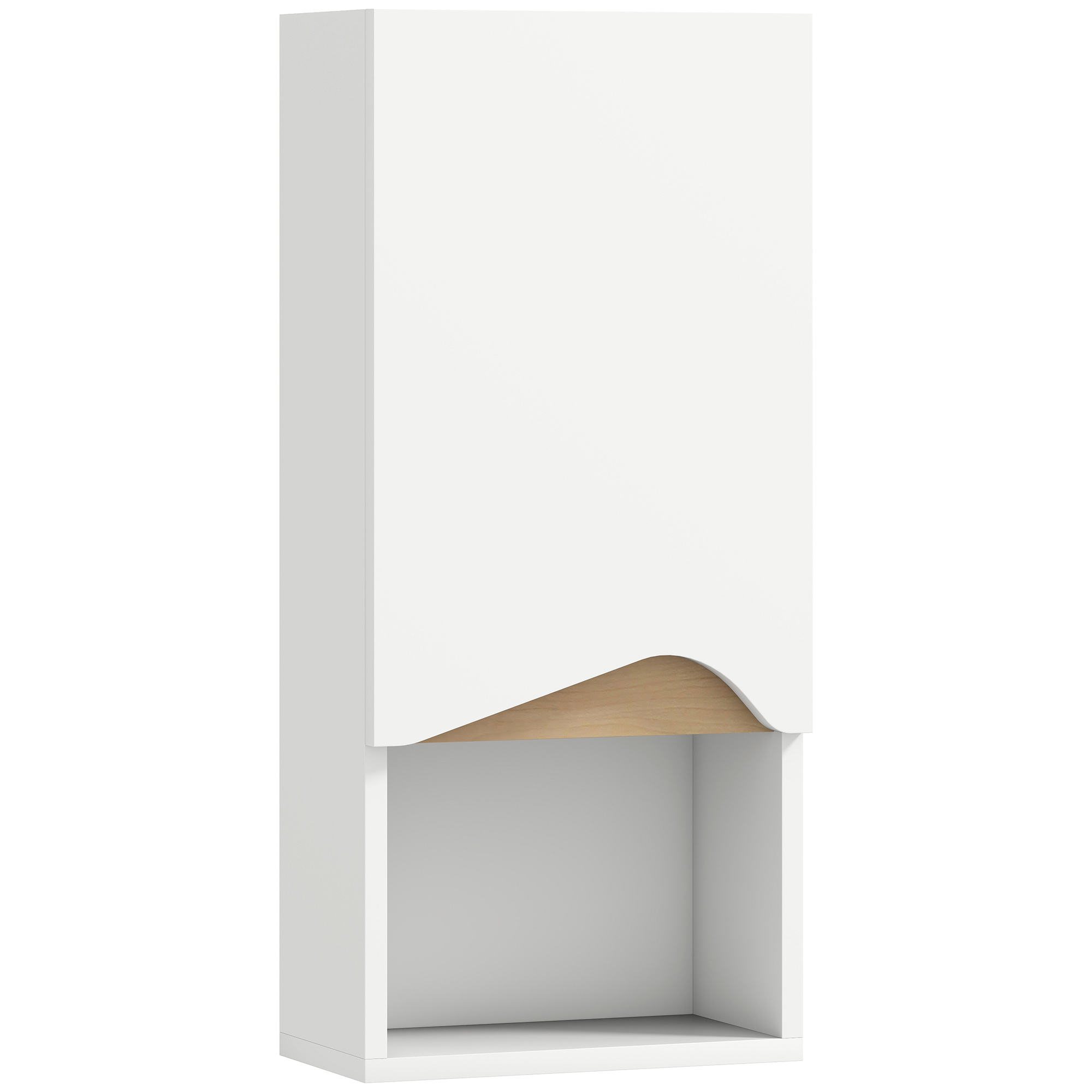 Kylpyhuonekaappi, seinäkaappi pehmeästi sulkeutuvalla ovella ja avoimella lokerolla, 30 x 17 x 67 cm, valkoinen