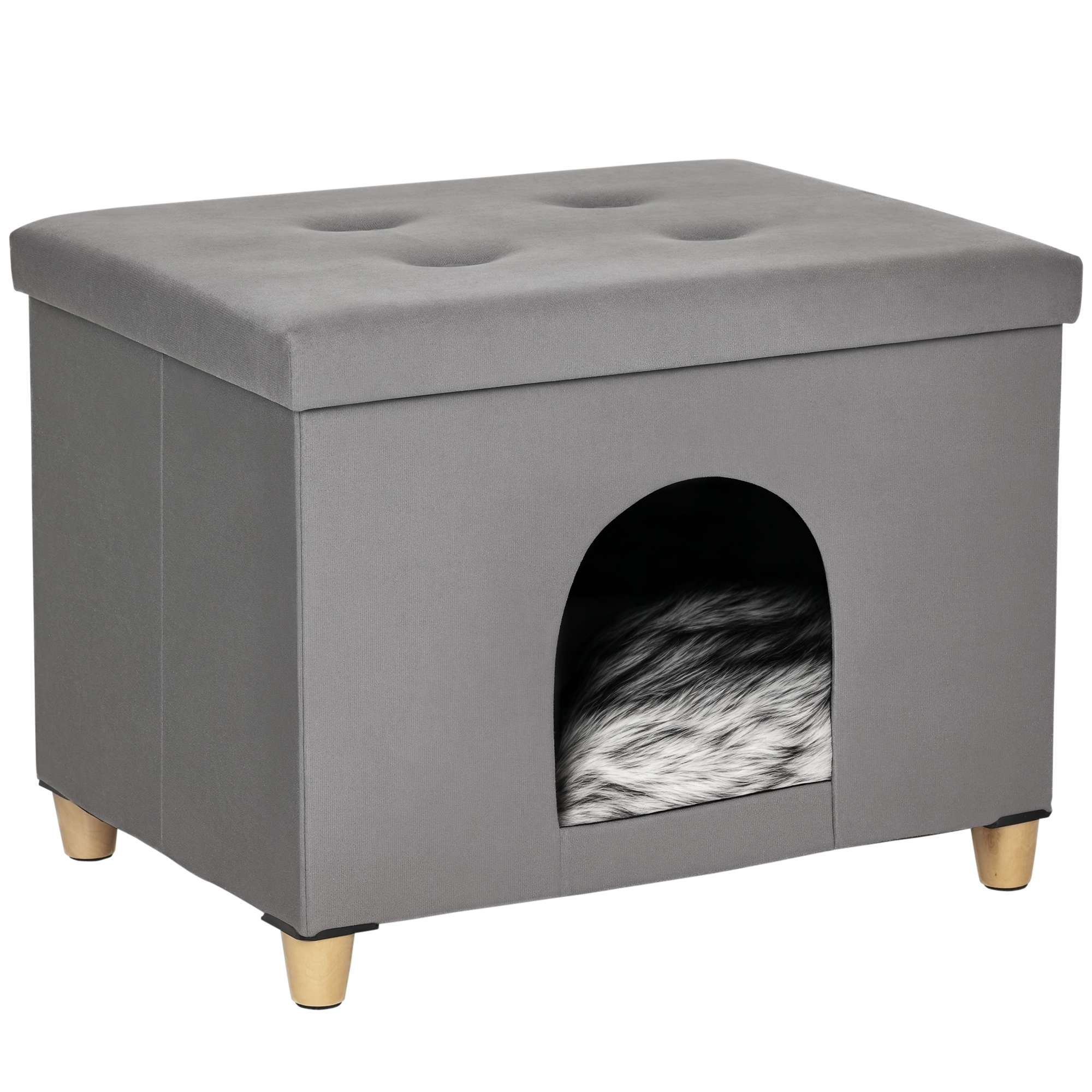 2-yhdessä kissanjalusta, puiset jalat, kissankoppi, kissakori, pehmeästi pehmustettu rahi, elegantti muotoilu, irrotettava MDF-pehmo, harmaa, 60 x 45 x 44,5 cm