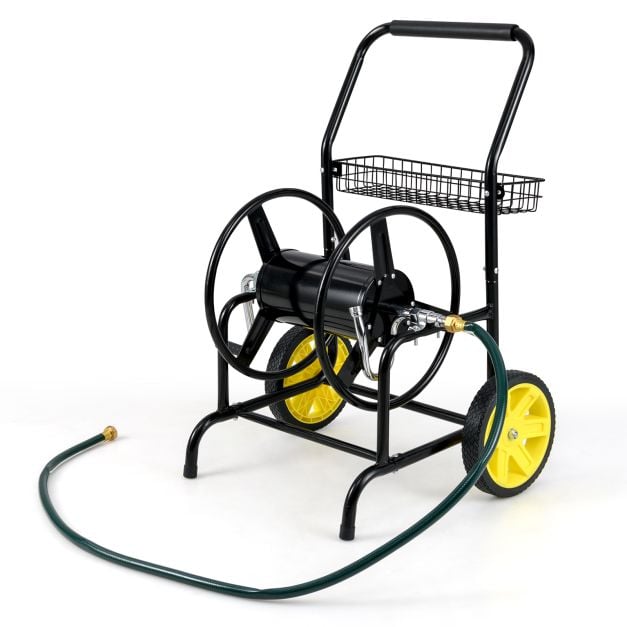 Tugev metallist voolikukäru ja 70-meetrise mahutavusega aianduse voolikutrummel (16 mm voolikule) (70 m), must