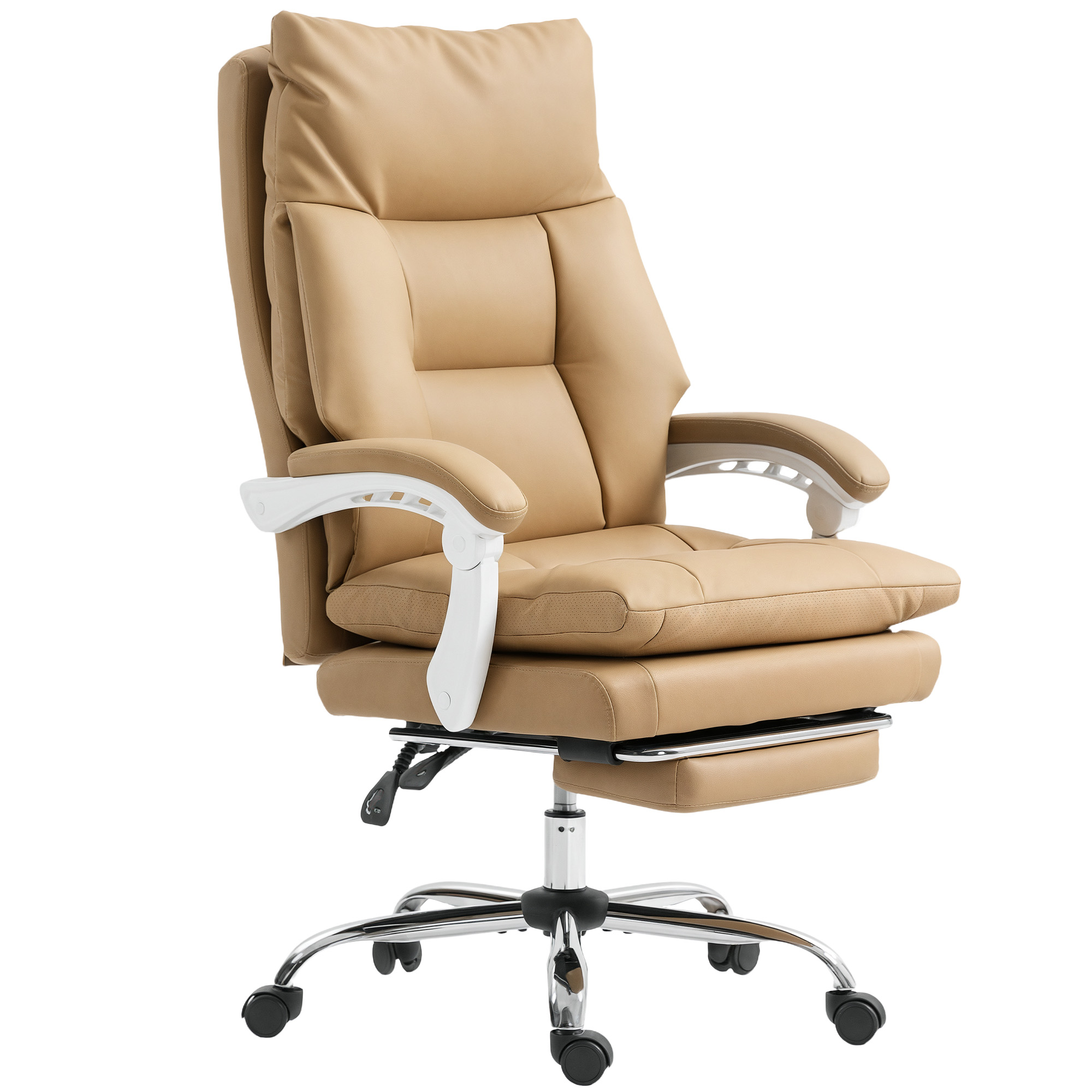 Toimistotuoli, ergonominen työtuoli ristiselän tuella ja jalkatuella, vaaleanruskea