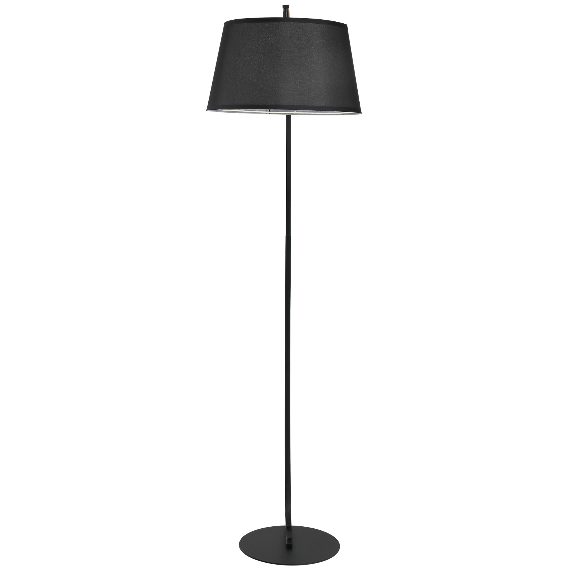 Lattiavalaisin, kaareva lattiavalaisin kangasvarjostimella, lattiavalaisin pyöreällä jalalla, metalli, 105 x 47 x 190 cm, musta