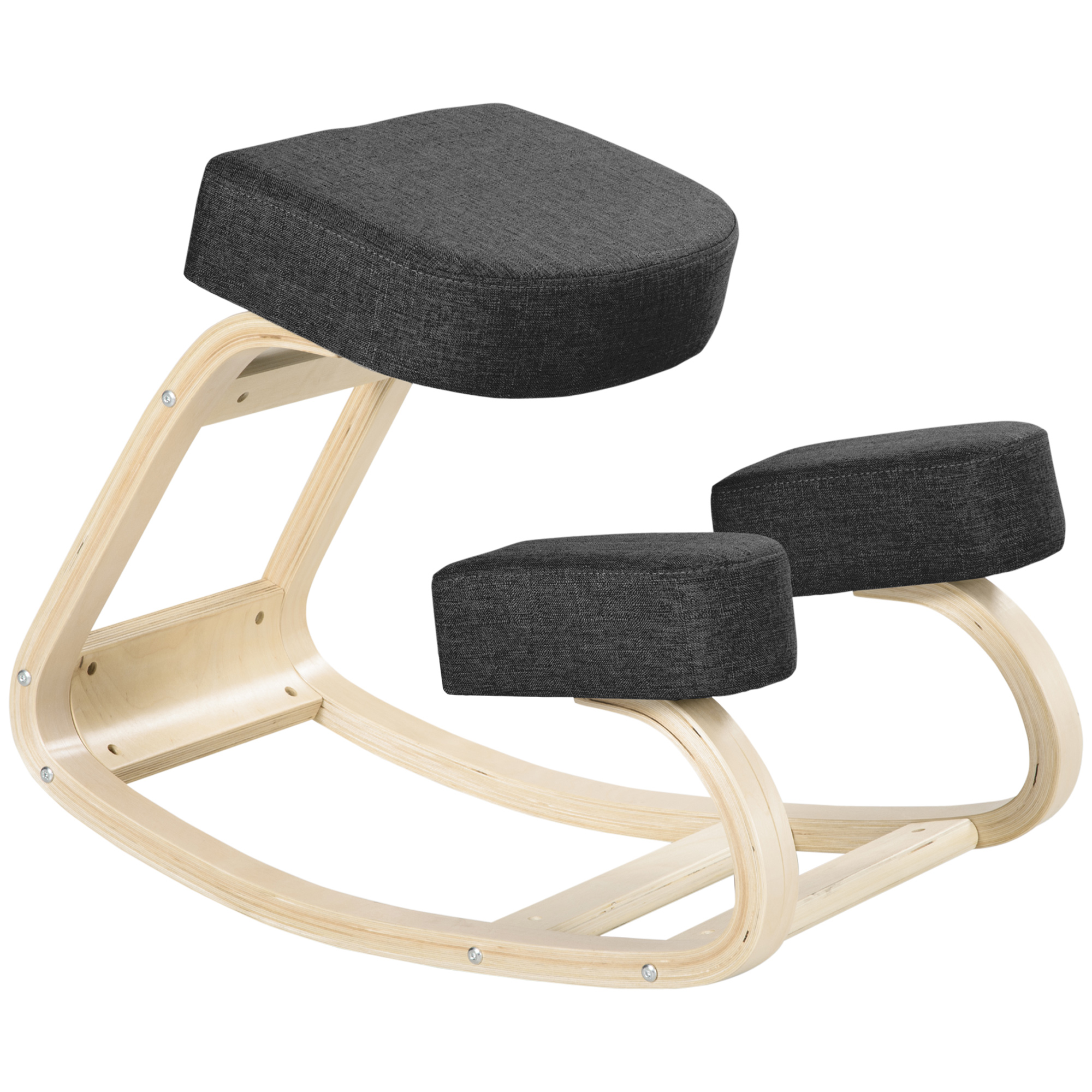 Polvistuva tuoli, ergonominen jakkara, verhoiltu jakkara terveelliseen ryhtiin, koivupuuta, 120 kg:n kantavuus, musta