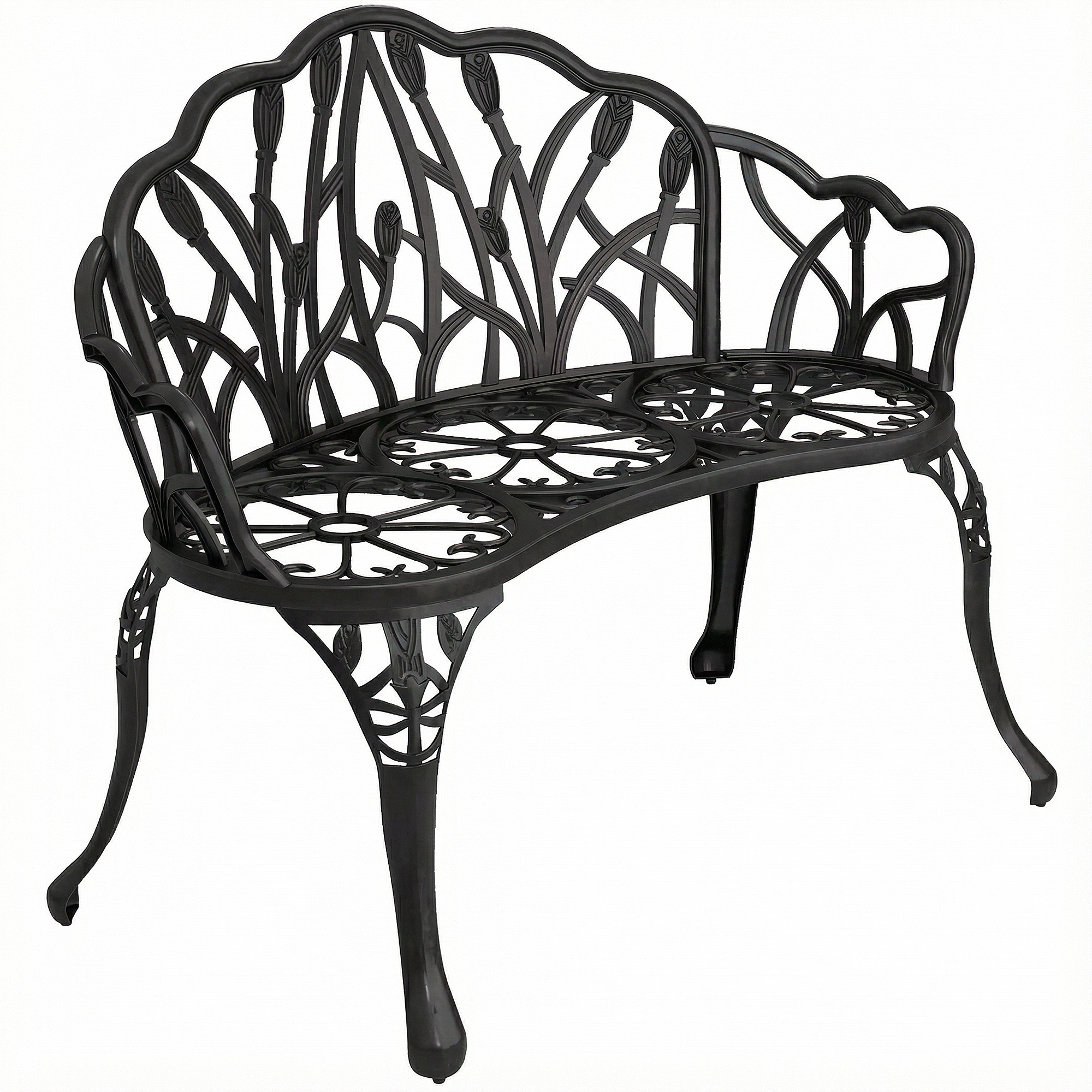 2-kohaline aiapink valatud alumiiniumist ilmastikukindel aiapink tulbikujulise seljatoega lillemotiiv 99 x 57 x 78 cm