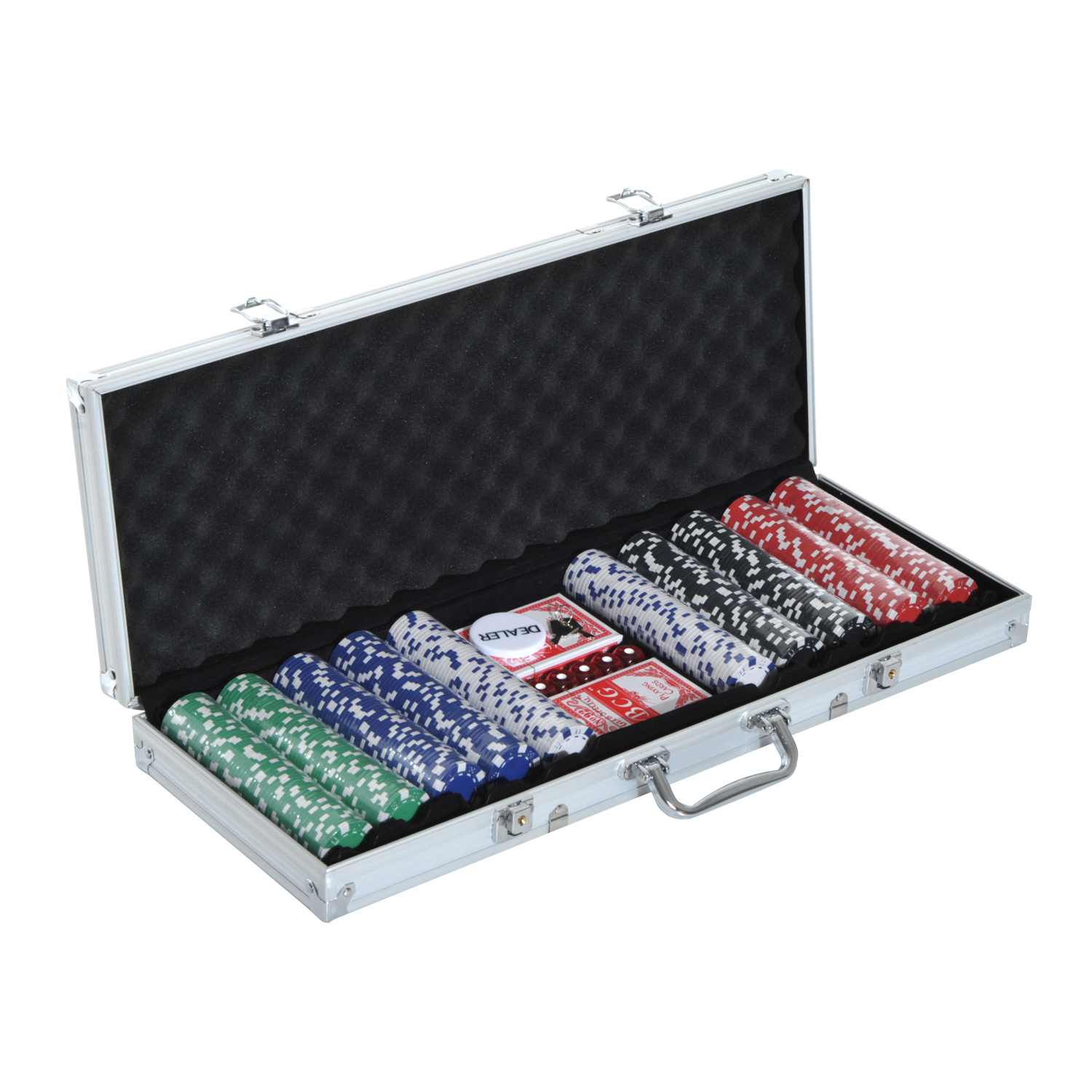 Pokerisetti, 500 pelimerkkiä, 2 korttipakkaa, 5 noppaa, lukittava alumiinikotelo