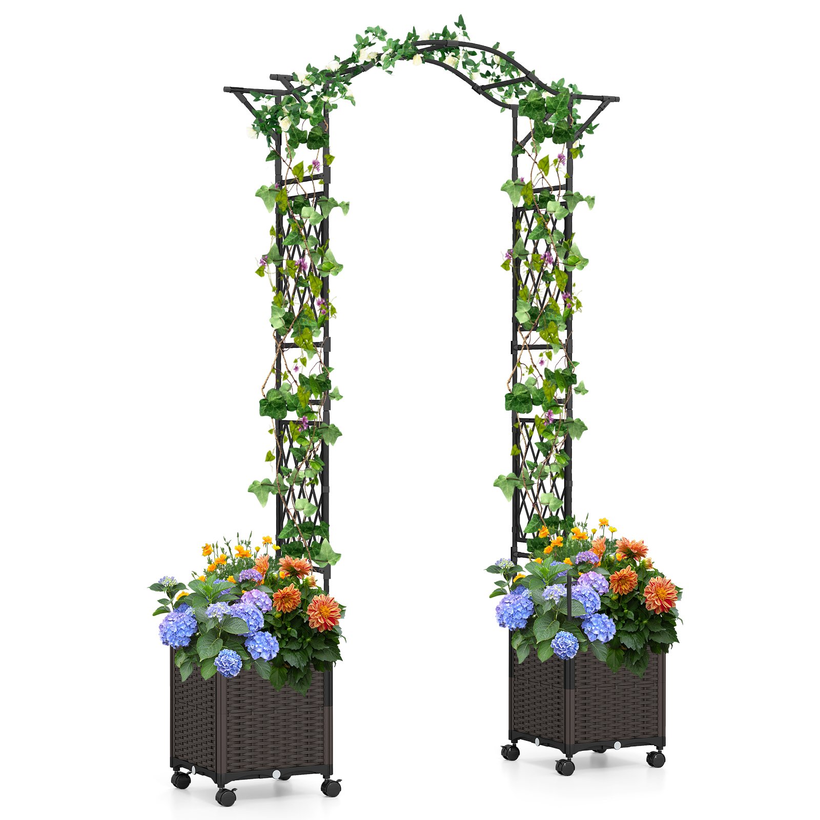 208 cm x 251 cm puutarhakaarisäleikkö kahdella itsekastelevalla istutuslaatikolla, pyörät - musta