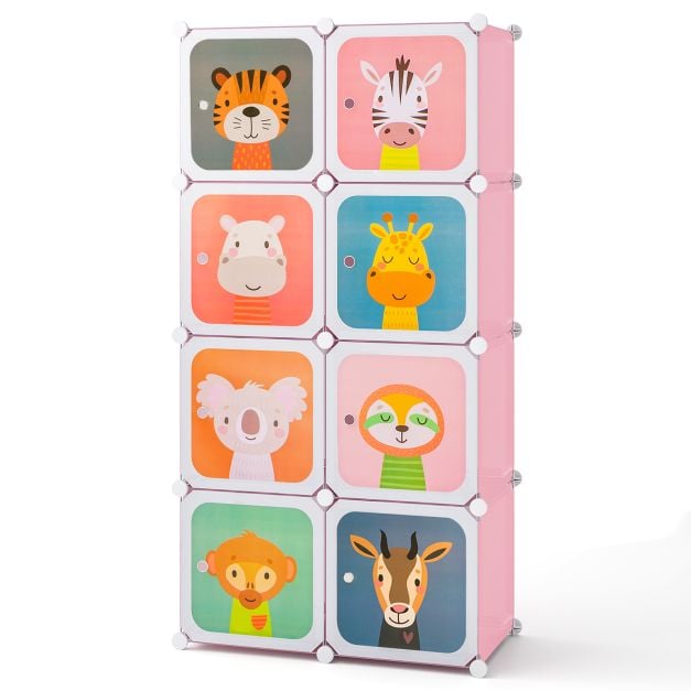 Lasten vaatekaappi, jossa 8 modulaarista kuutiota ja ripustimet, söpö sarjakuvamainen kompakti vaatekaappi vauvoille, pinkki