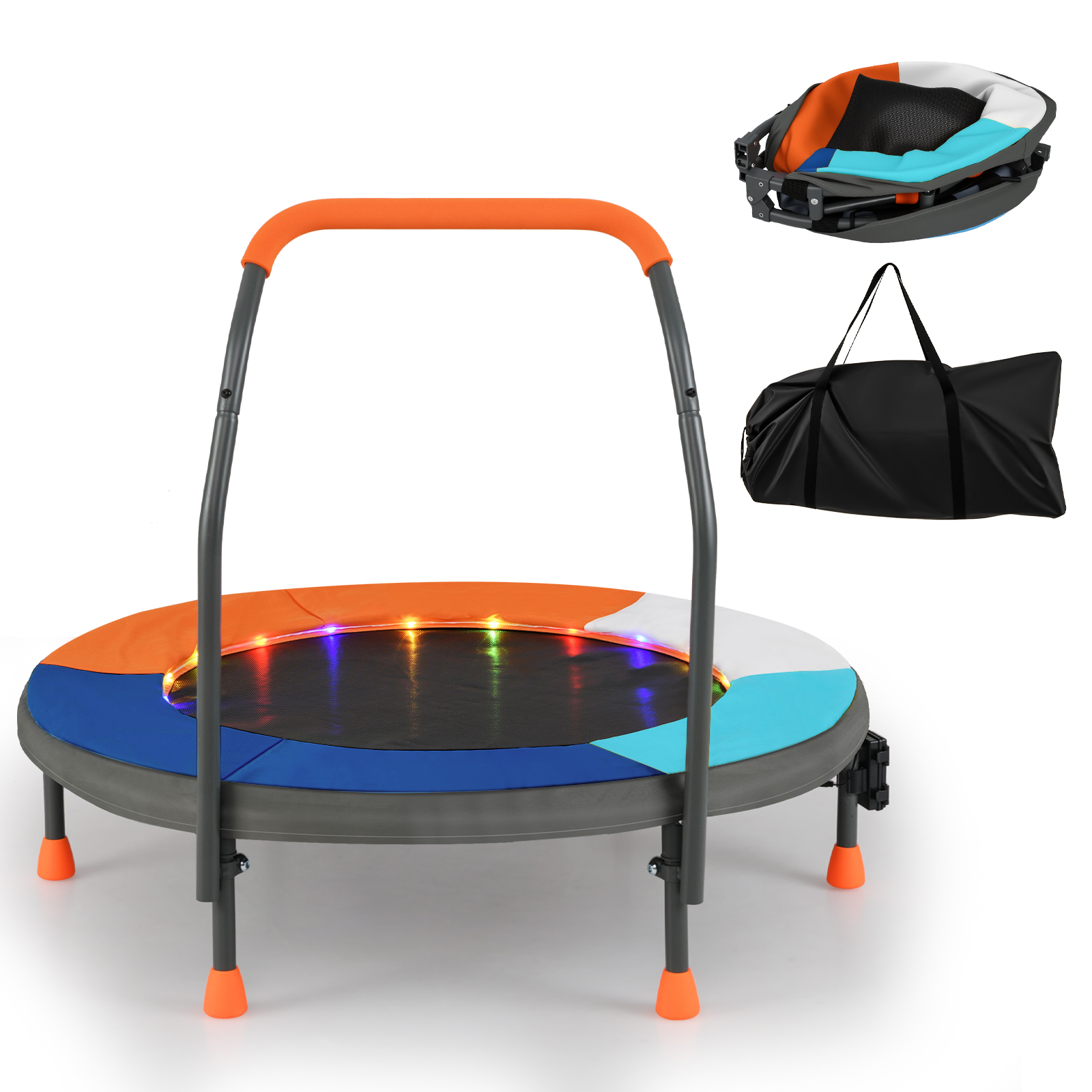 Ø90 cm lasten trampoliini LED-valaistuksella, kahvalla ja kantolaukulla, minitrampoliini, tummansininen