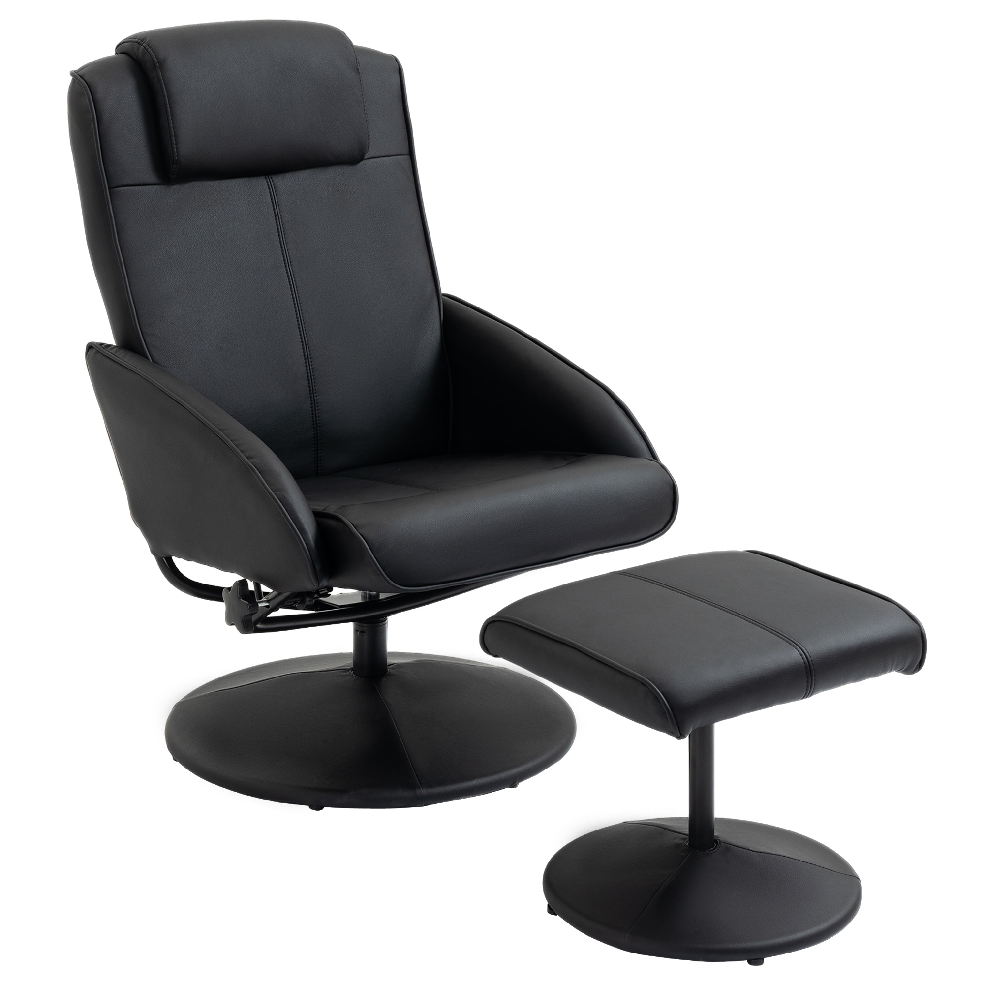 Lepotuoli jalkarahilla, keinonahkapäällinen, lepoasentoinen, ergonominen muotoilu, musta
