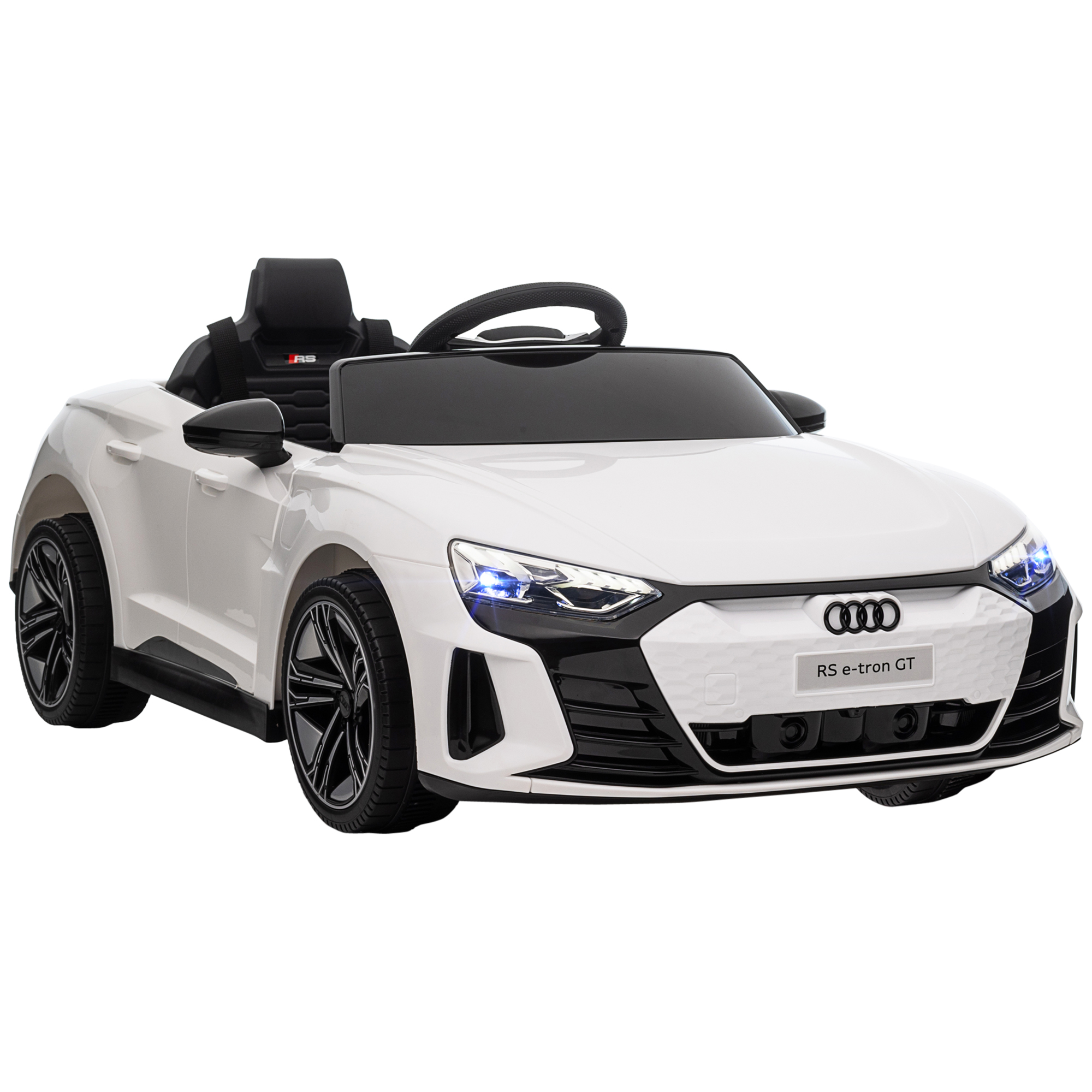 Audi RS e-tron GT lasten sähköauto turvavyöllä, kaukosäätimellä, ajovaloilla, musiikkitoiminnolla, valkoinen, 103 x 58 x 41 cm