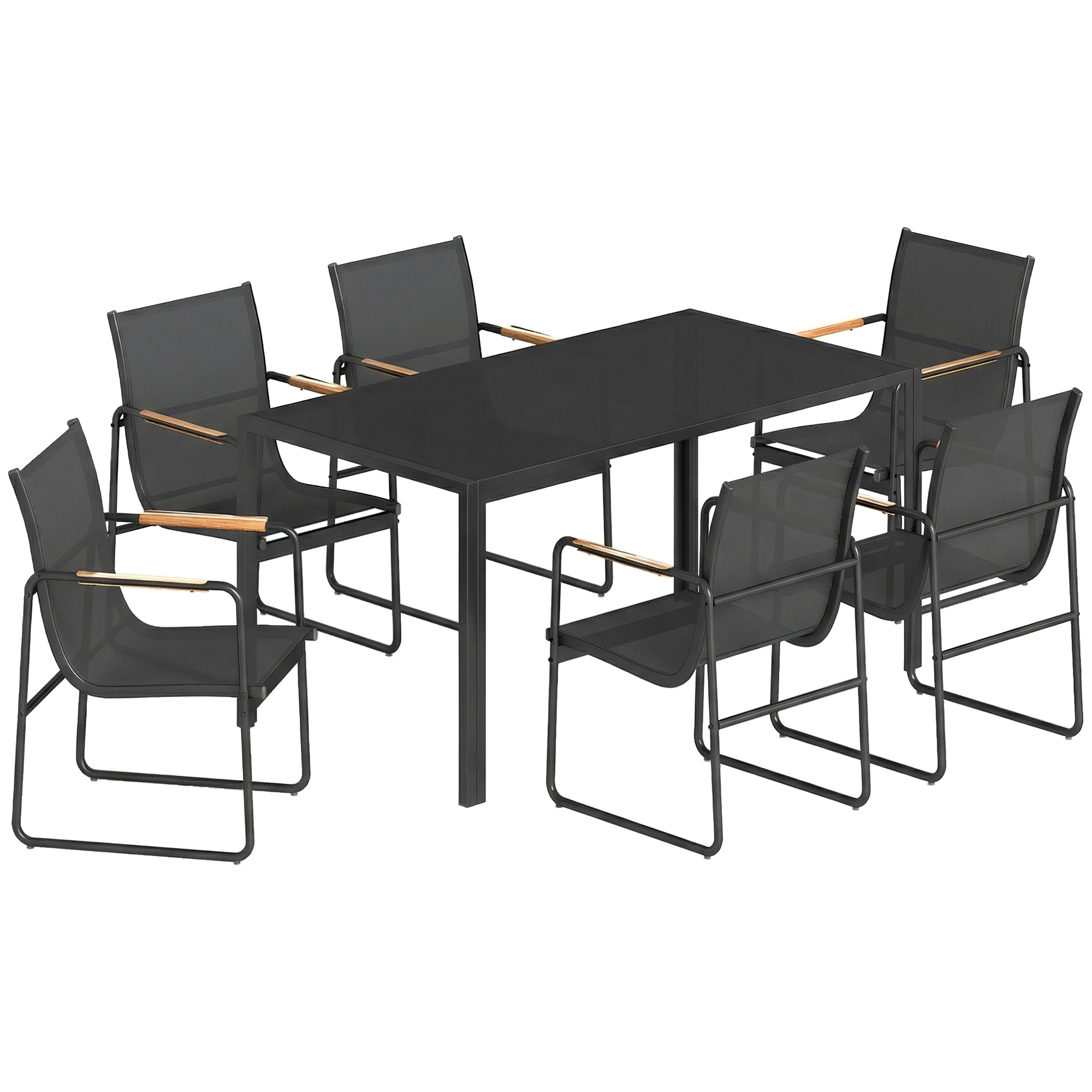Puutarhakalustesetti, istuinryhmä 150 x 80 cm, lasipöytä ja 6 hengittävää tuolia, koristeelliset käsinojat, musta