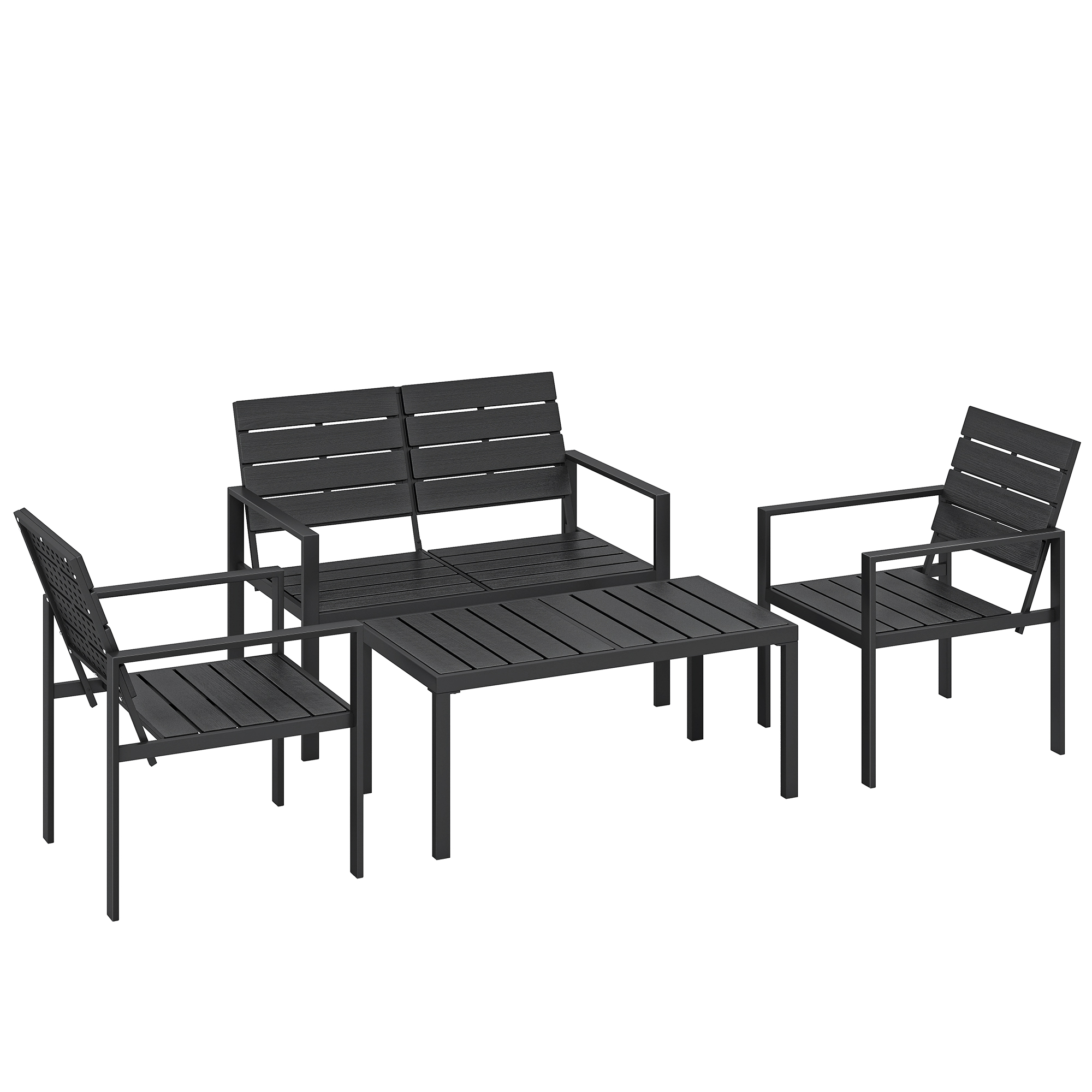 Puutarhakalustesetti, 4 hengelle, 2-istuttava sohva, 2 nojatuolia, leveä sohvapöytä, HDPE-säleet, säänkestävä, musta
