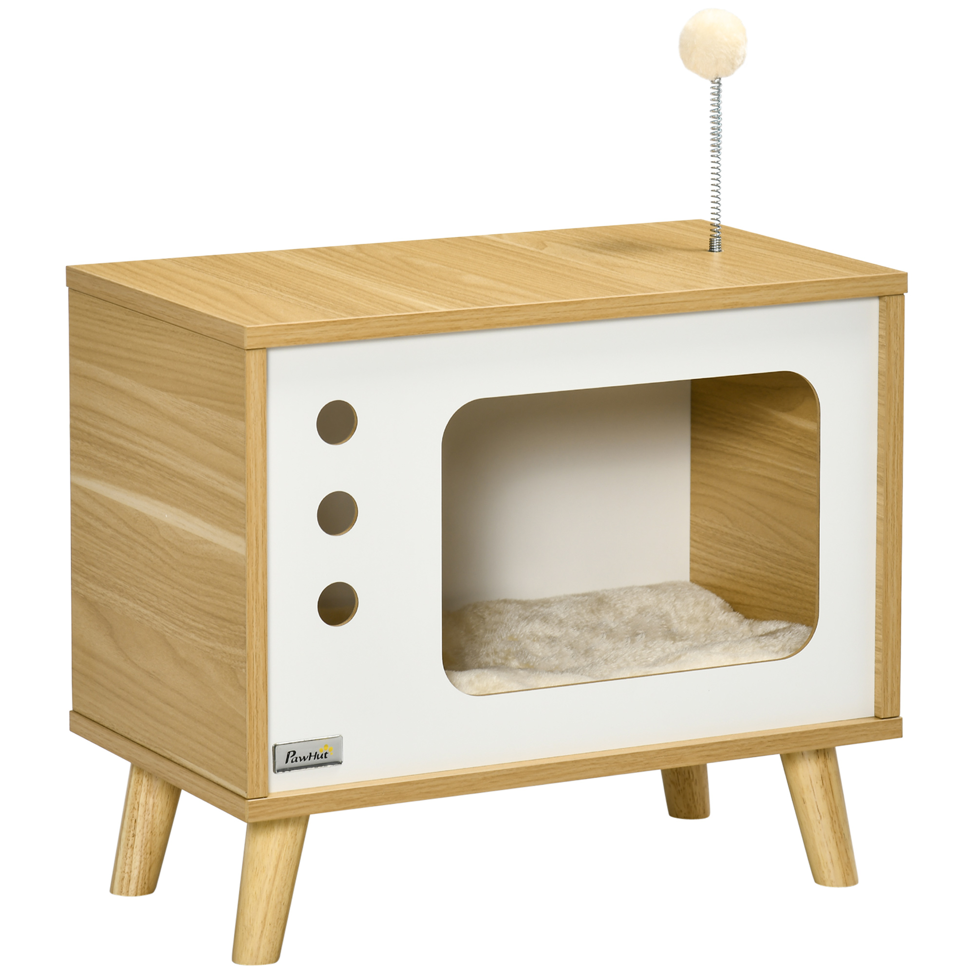 Kissanluola TV-aiheisessa lelussa, pestävä tyyny, 50 cm x 28 cm x 43 cm, tammi + beige + valkoinen