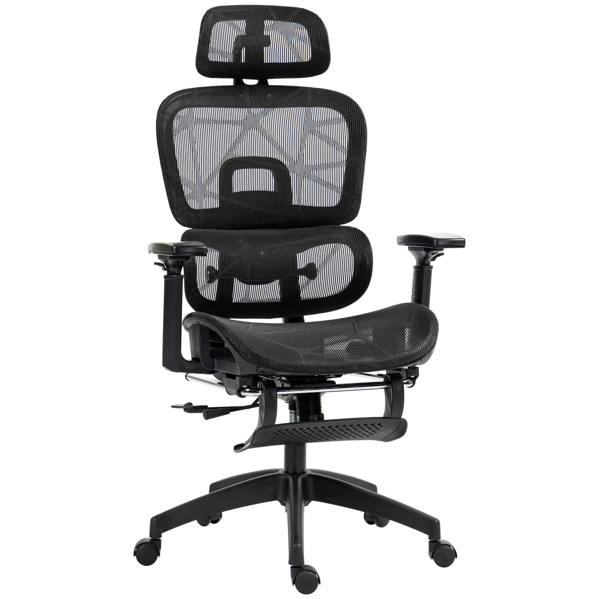 Toimistotuoli, ergonominen työtuoli verkkokankaalla, säädettävä, pyörät, käsinojat ja niskatuki, musta