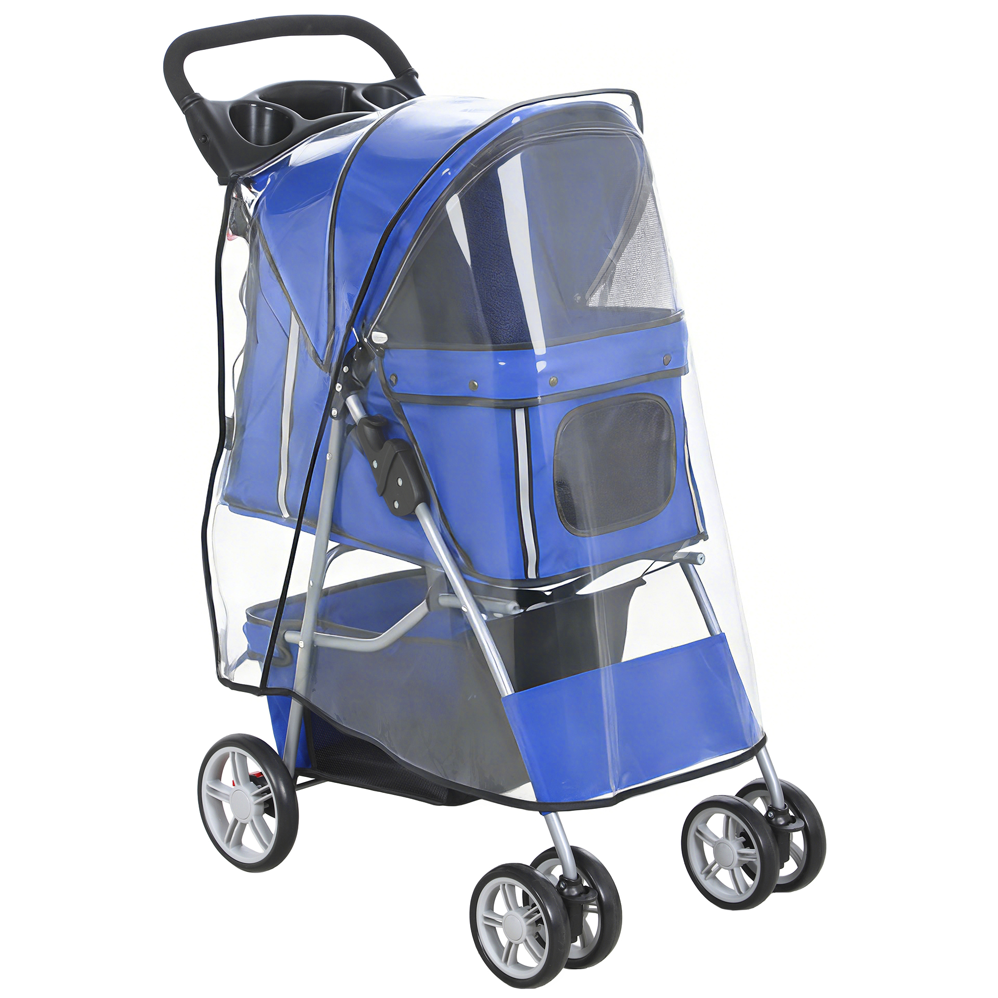 Kokkupandav koera-/koerakäru/kassikäru lastele kuni 10 kg vihmakatte helkurribade ja hoiukorviga 77x44x102cm sinine
