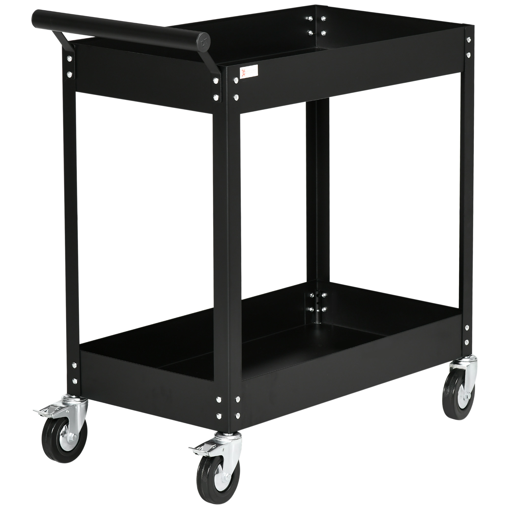 Työpajakärry, 2 hyllyä, kottikärryt, 4 pyörää, terästä, jopa 150 kg, 84,5 x 38 x 84 cm, musta