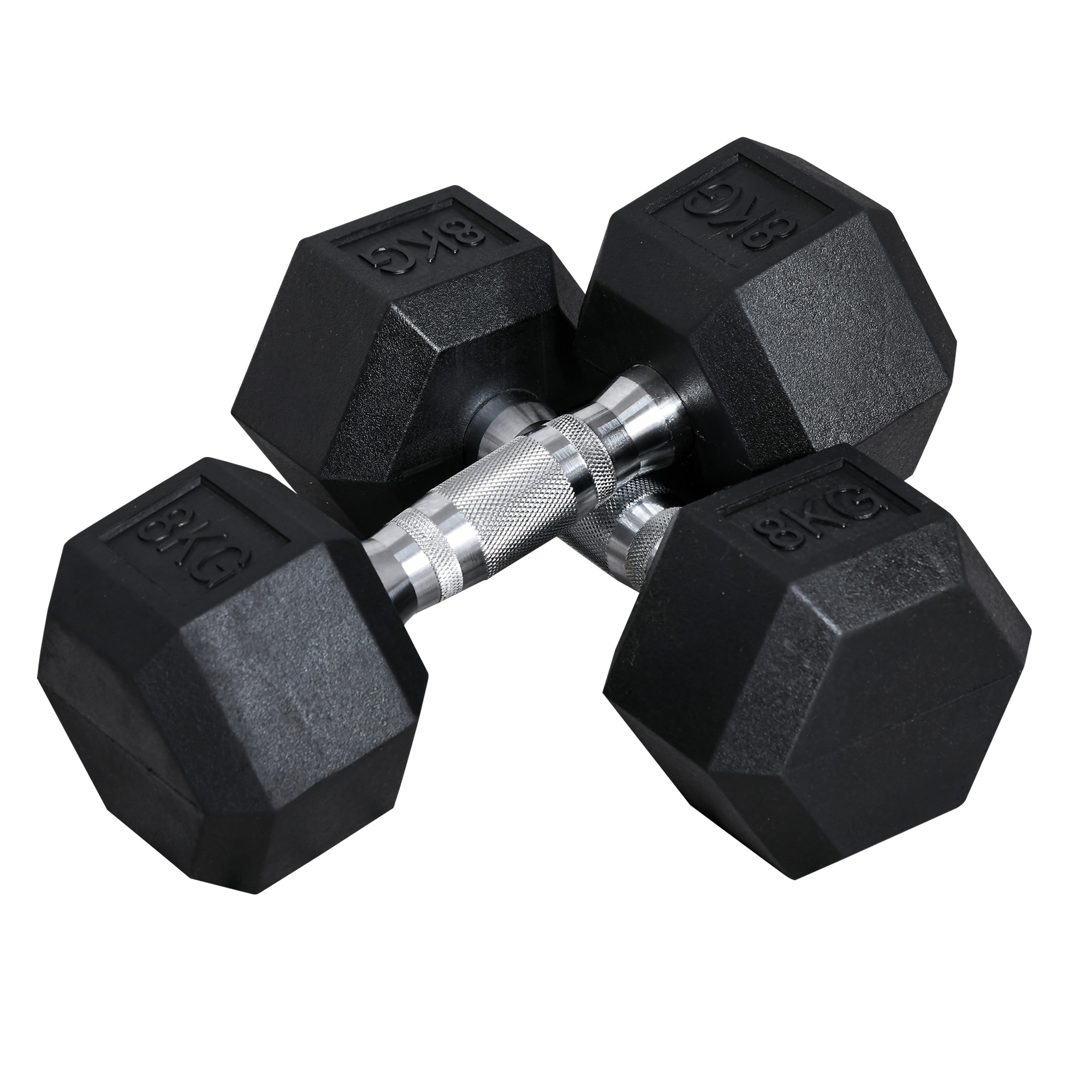 Kuusikulmainen käsipaino, valurautainen käsipaino, kumikahva, uritettu, painot, metallia ja kumia, musta, 2 x 8 kg