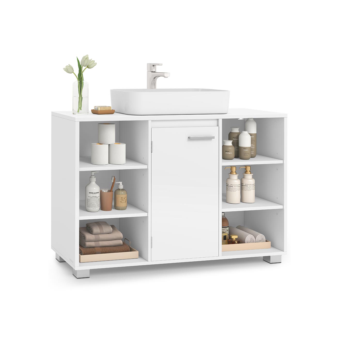 Valamukapp reguleeritavate riiulitega jalgadel seisev vannitoakapp valamu alla 30 x 90 x 60 cm
