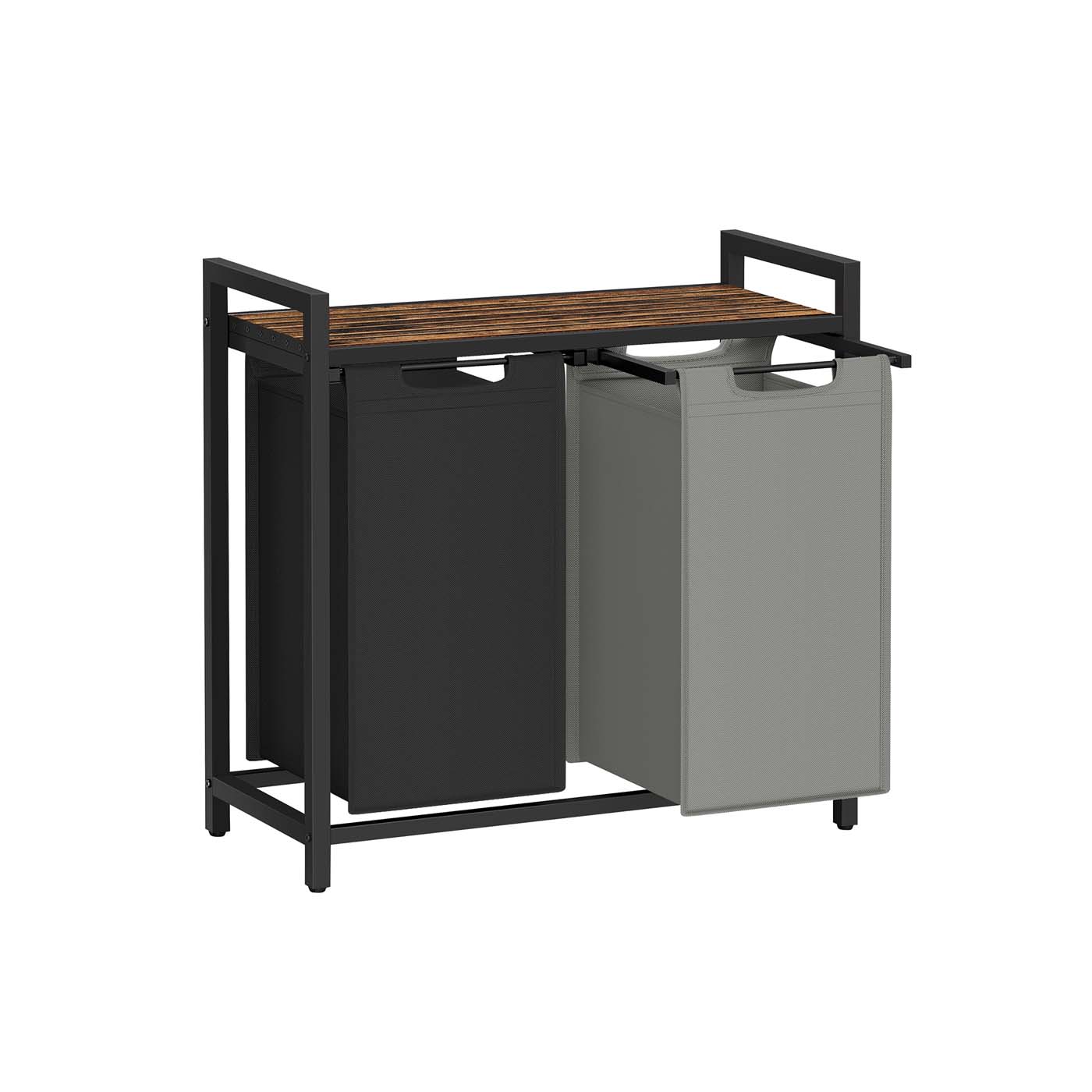 Pyykkikori, jossa 2 osaa ja hylly, 2 x 46 L, 73 x 33 x 72 cm, musta, harmaa, ruskea