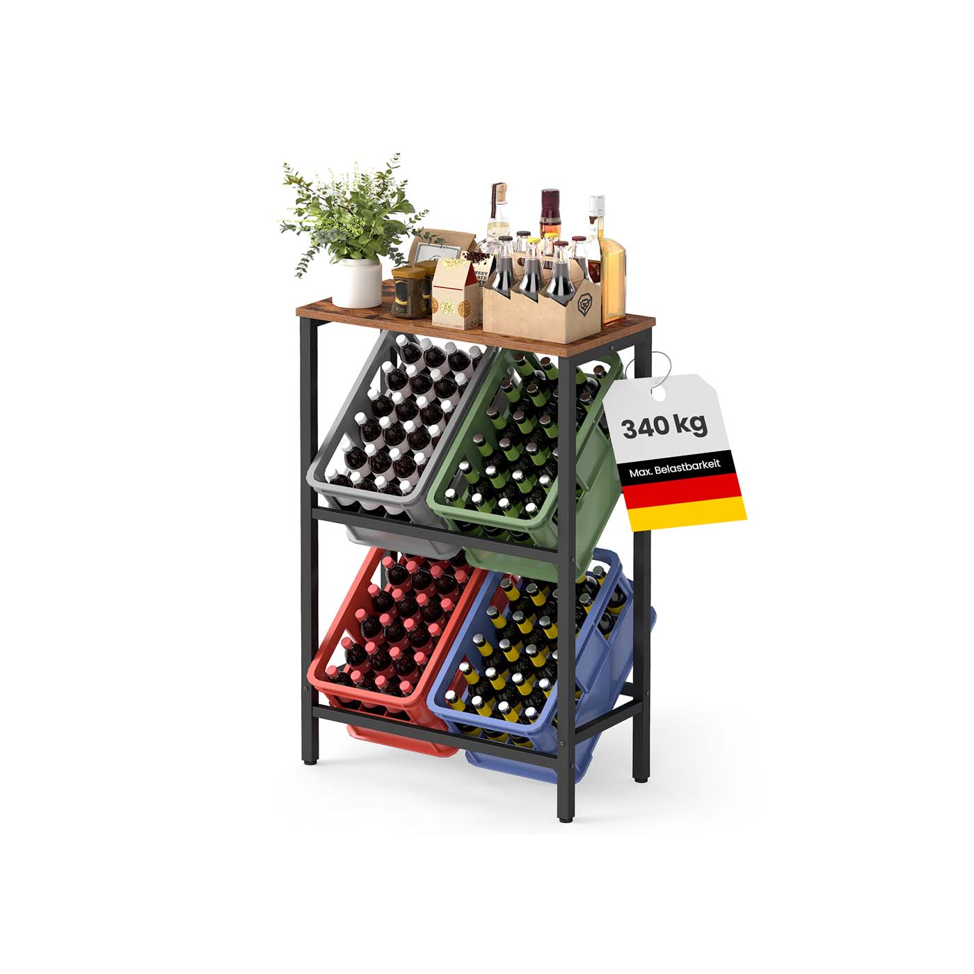 Joogikastide riiul 2 tasandiga mahutab 6 kasti iga tasandi kandevõime kuni 150 kg terasest hoiuriiul