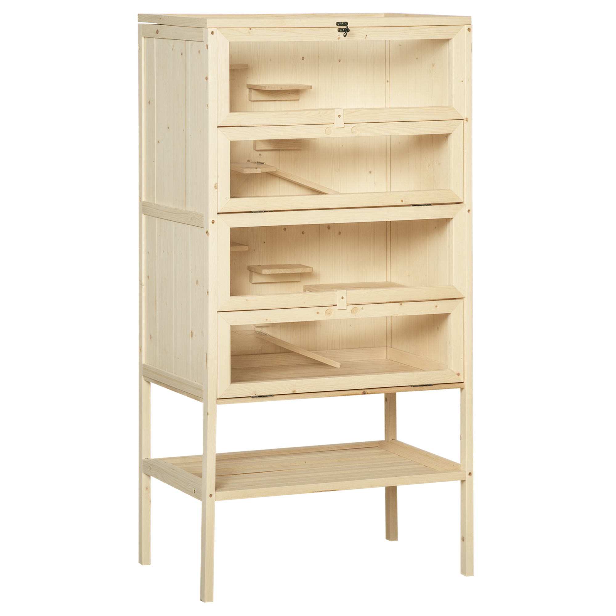 Puinen hamsterihäkki, 5 tasoa, jyrsijähäkki, pieneläinhäkki verkkokatolla ja rampeilla, suuri puinen häkki, hiirihäkki, häkki hamstereille ja kääpiöhamstereille, 60 x 40 x 120 cm, luonnonpuu