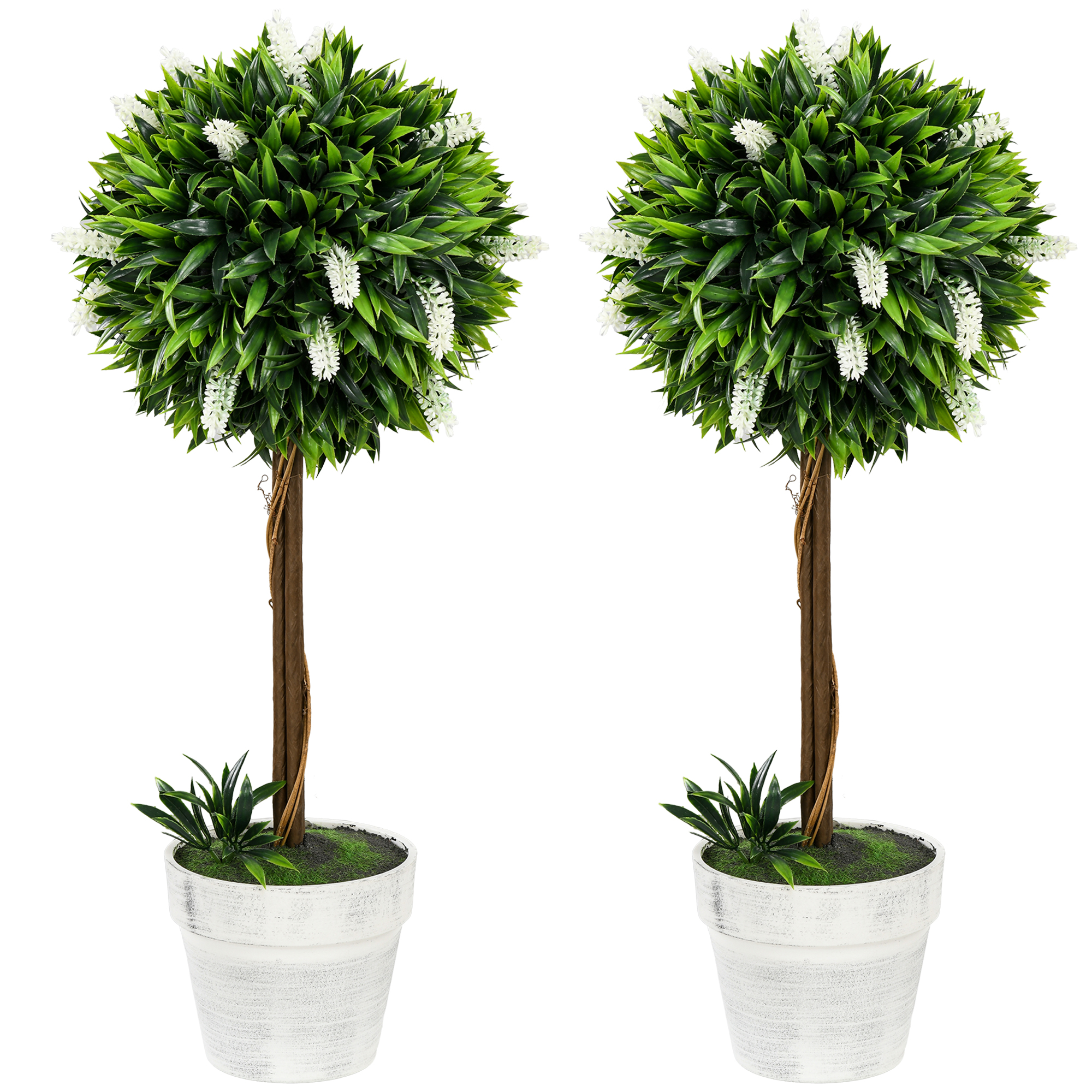2 keinotekoista laventelipuuta, 60 cm korkea, sisältää ruukun ja tekosammaleen, valkoinen