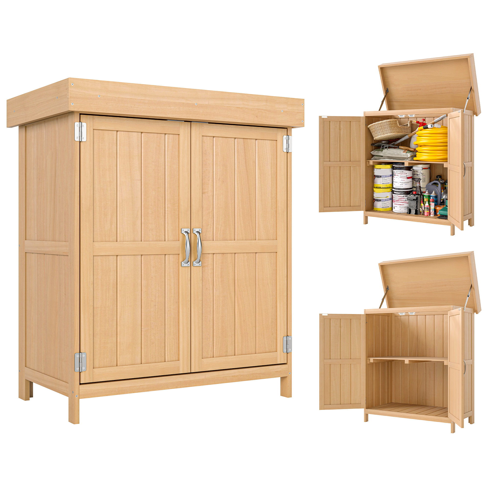 Kuusipuusta valmistettu puutarhavaja, säänkestävä työkaluvaja 74x43x88cm, puutarhamaja pariovilla, 2 lokeroa, työkalukaappi, puutarhamaja, työkalukaappi, puutarhavaja puutarhaan, terassi, luonnollinen