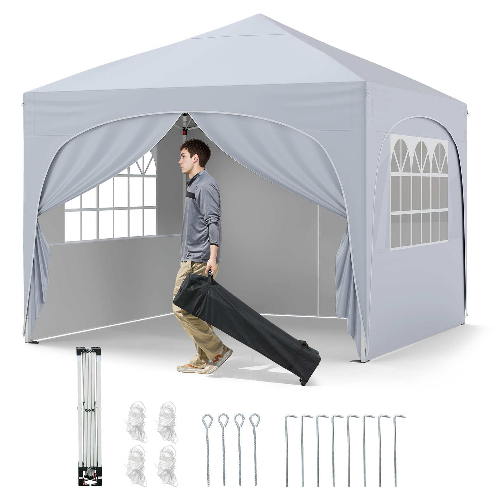 Nelja eemaldatava külgseina, ratastega transpordikoti ja vaiadega pop-up kiirpaigaldatav aiatelk ning paviljon (3 x 3 m), valge