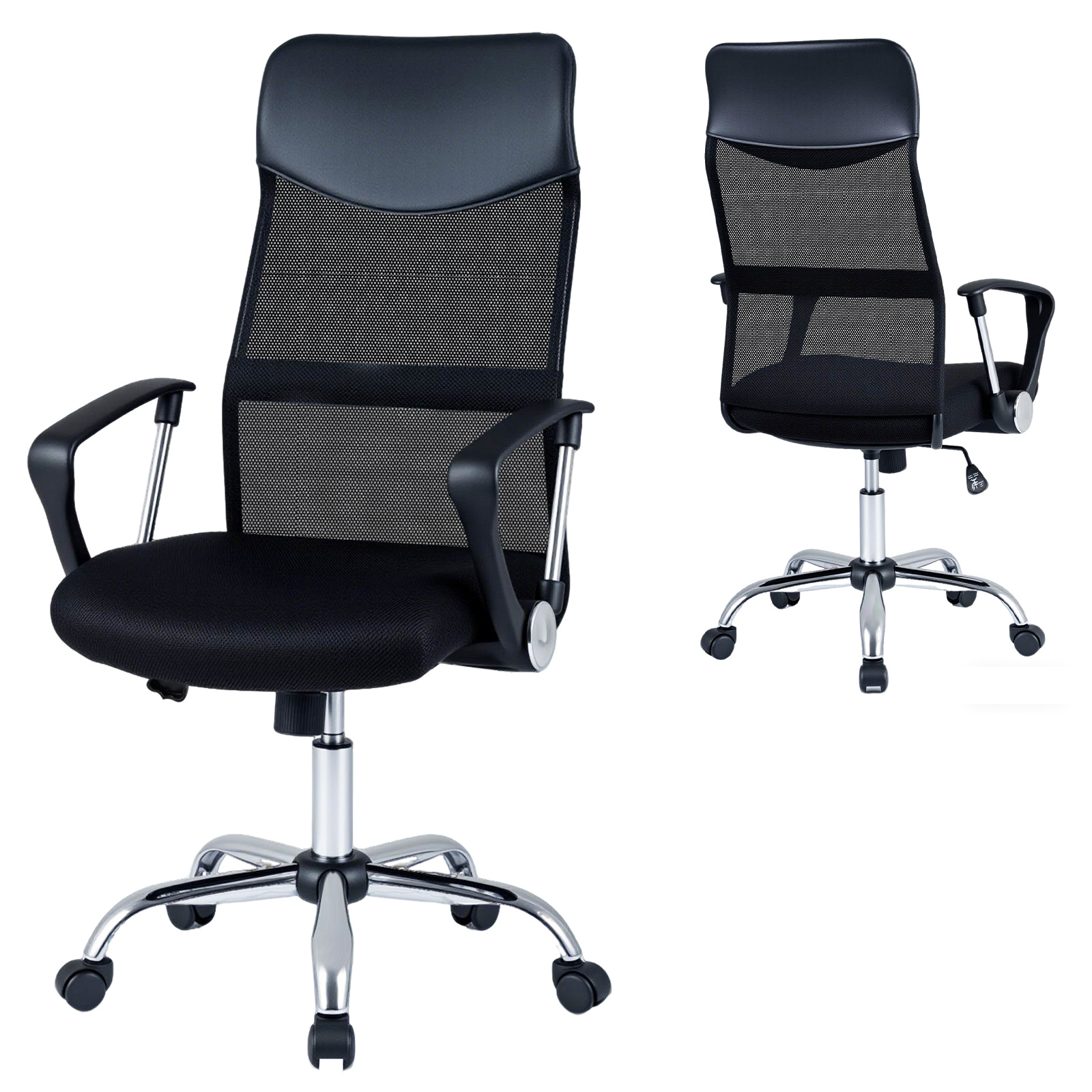 Ergonominen korkeussäädettävä työtuoli korkealla ja kallistuvalla selkänojalla, pyörivä istuin, pehmustettu istuin, 150 kg:n kantavuus, musta
